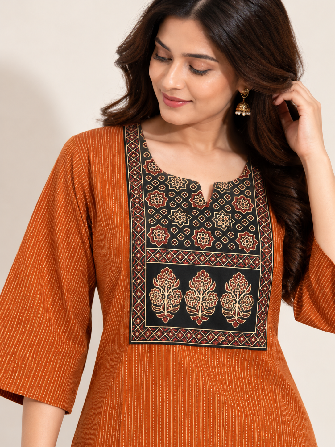 KANTHA KURTHI SET (ORANGE FLORAL)