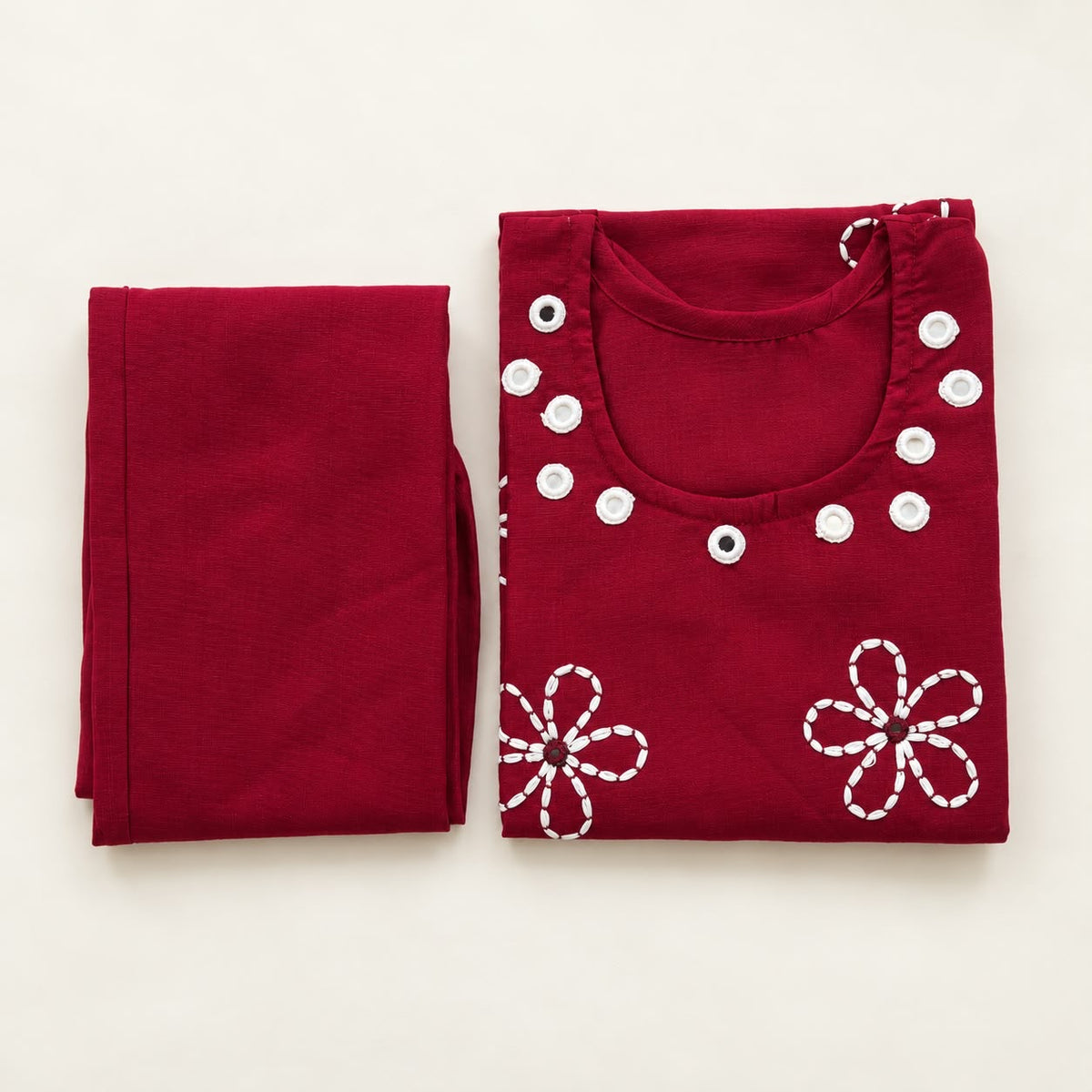 CRIMSON RED VATICAN SILK EMBROIDERED TWO-PIECE KURTI SET