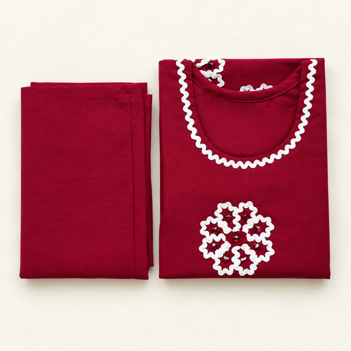 RUBY RED VATICAN SILK EMBROIDERED TWO-PIECE KURTI SET