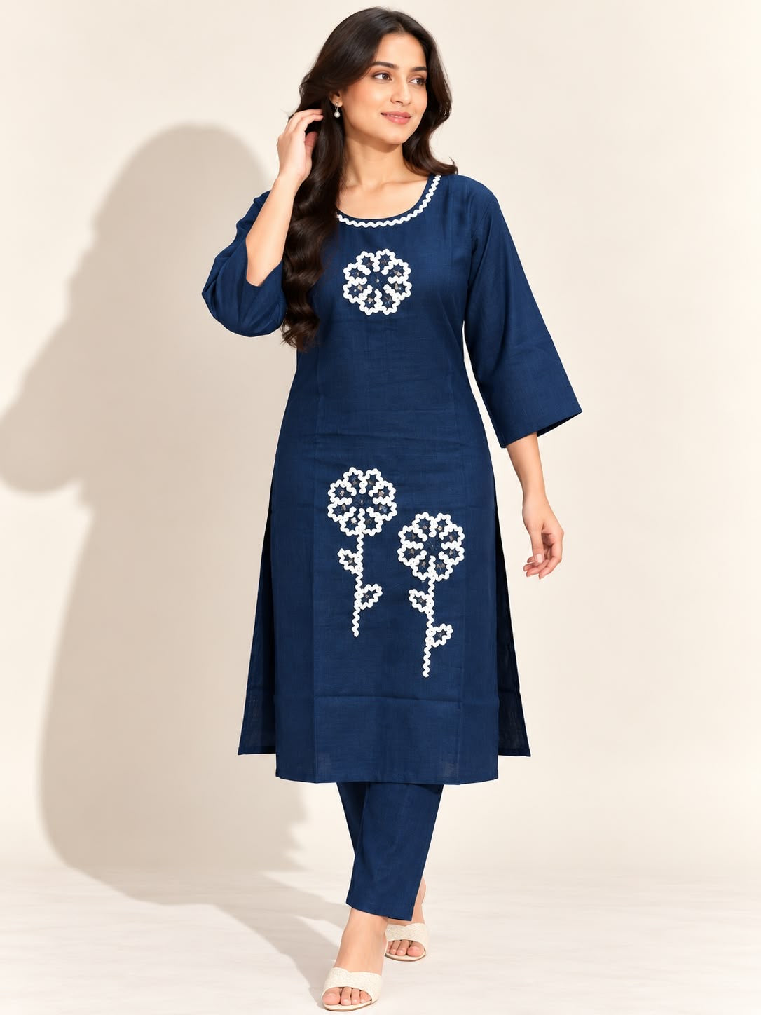 NAVY BLUE VATICAN SILK EMBROIDERED TWO-PIECE KURTI SET