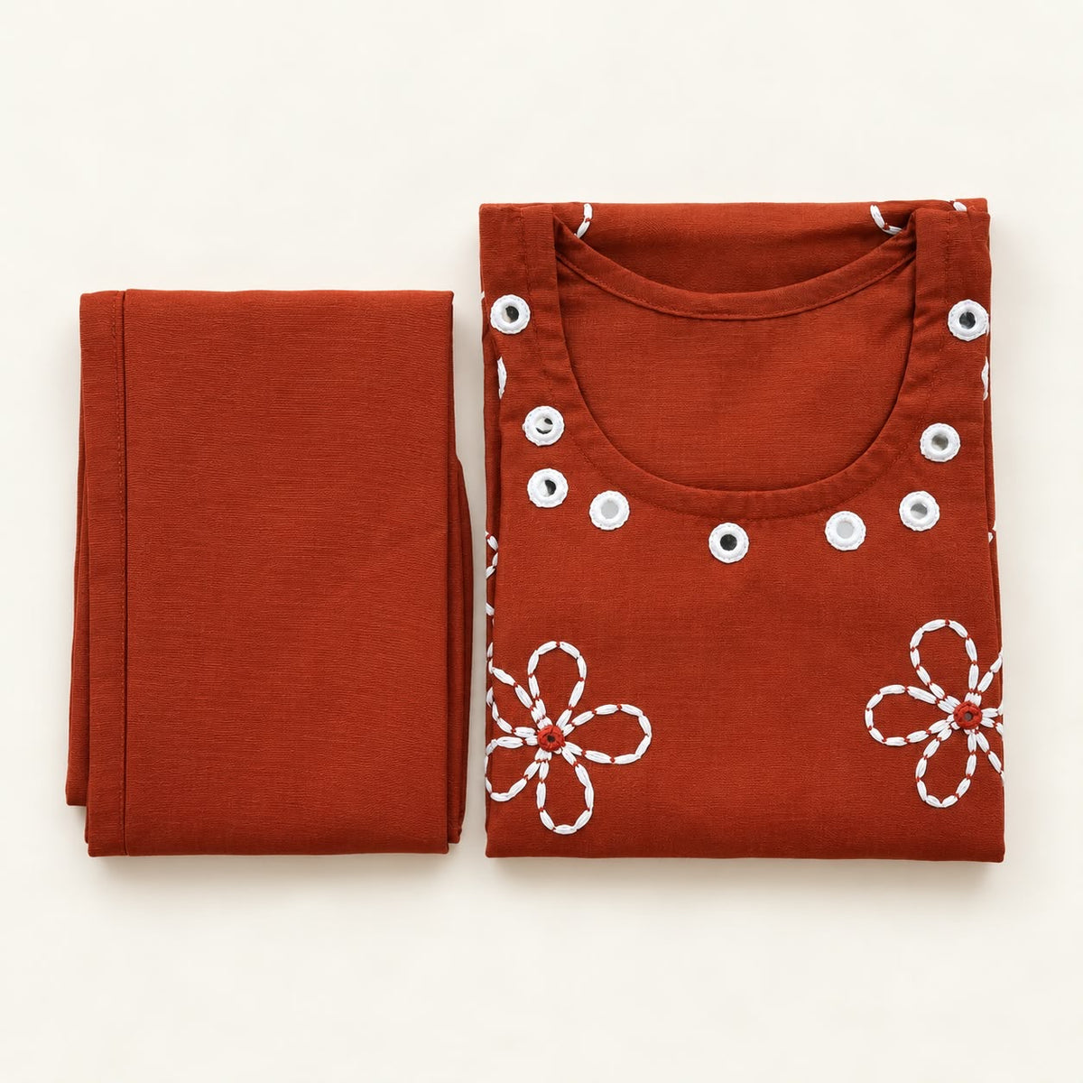 BURNT ORANGE VATICAN SILK EMBROIDERED TWO-PIECE KURTI SET