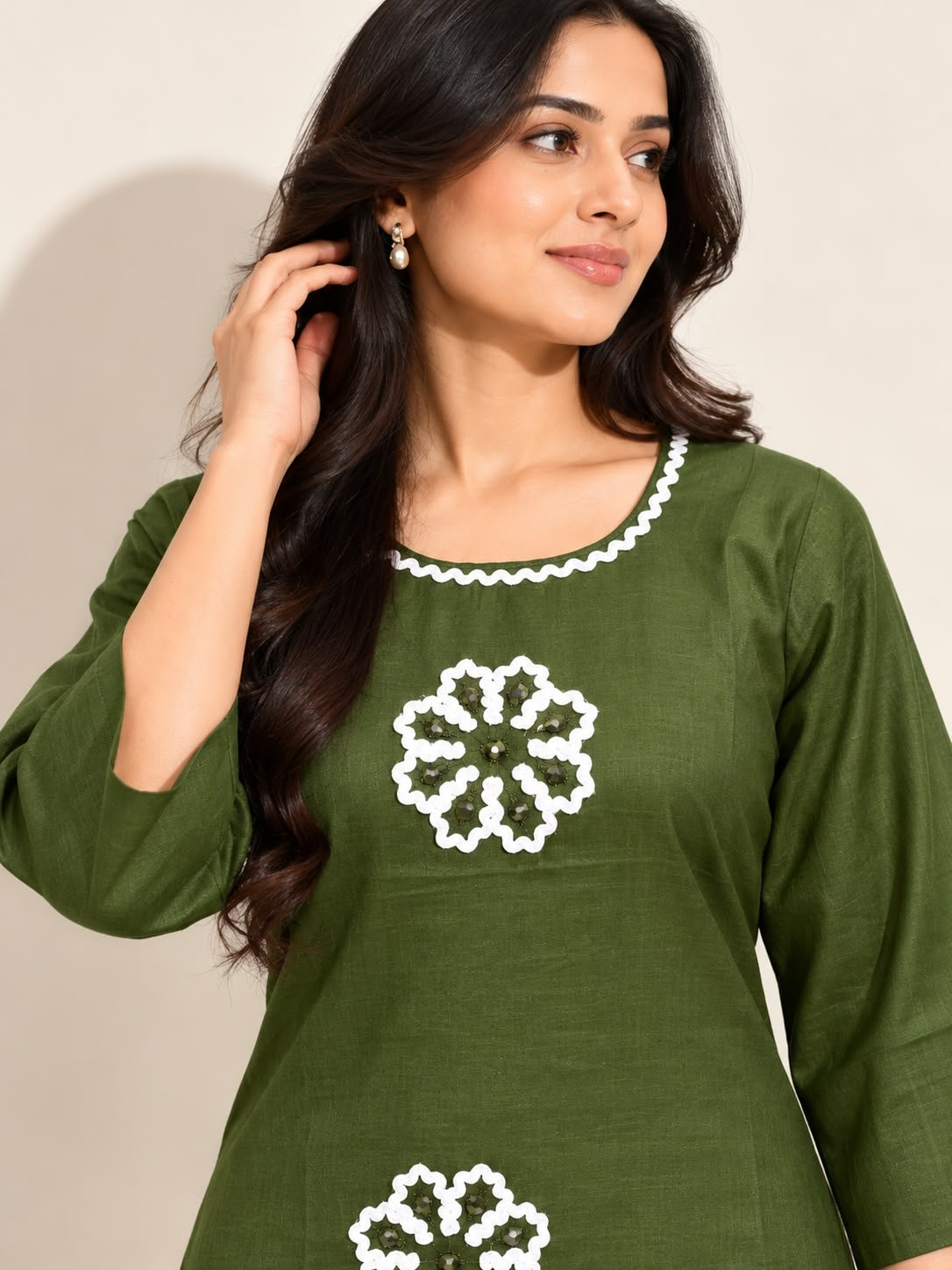 OLIVE GREEN VATICAN SILK EMBROIDERED TWO-PIECE KURTI SET
