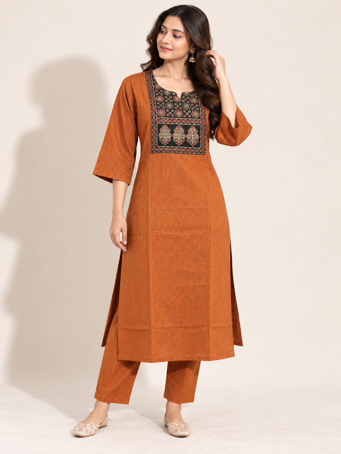 KANTHA KURTHI SET (ORANGE FLORAL)