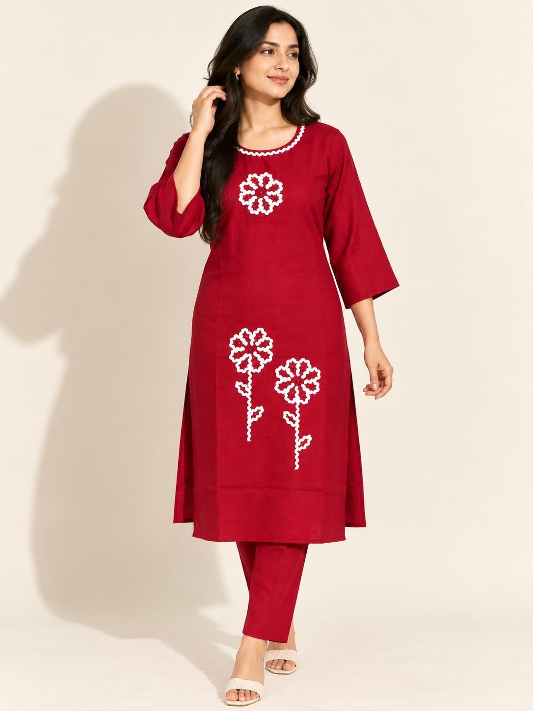 RUBY RED VATICAN SILK EMBROIDERED TWO-PIECE KURTI SET
