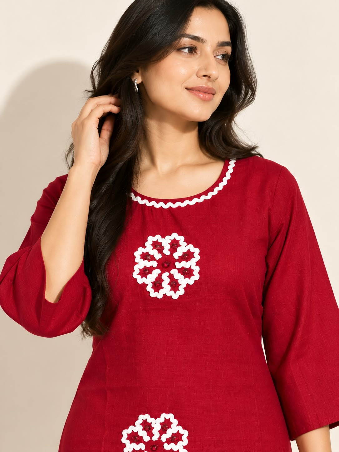 RUBY RED VATICAN SILK EMBROIDERED TWO-PIECE KURTI SET