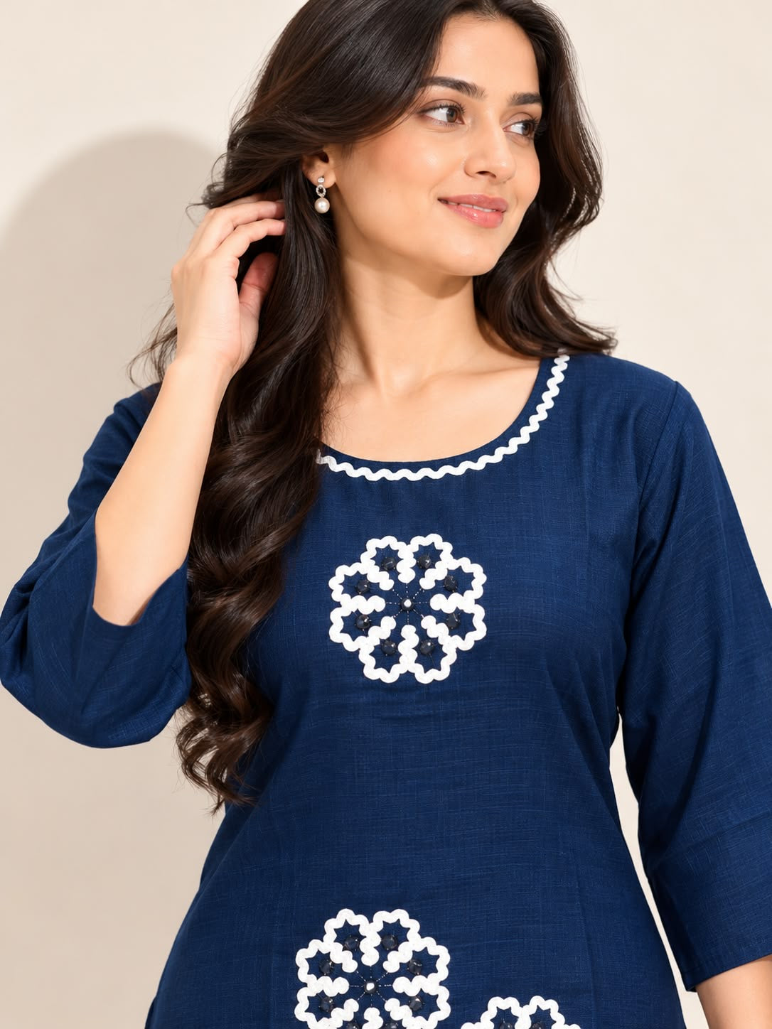NAVY BLUE VATICAN SILK EMBROIDERED TWO-PIECE KURTI SET