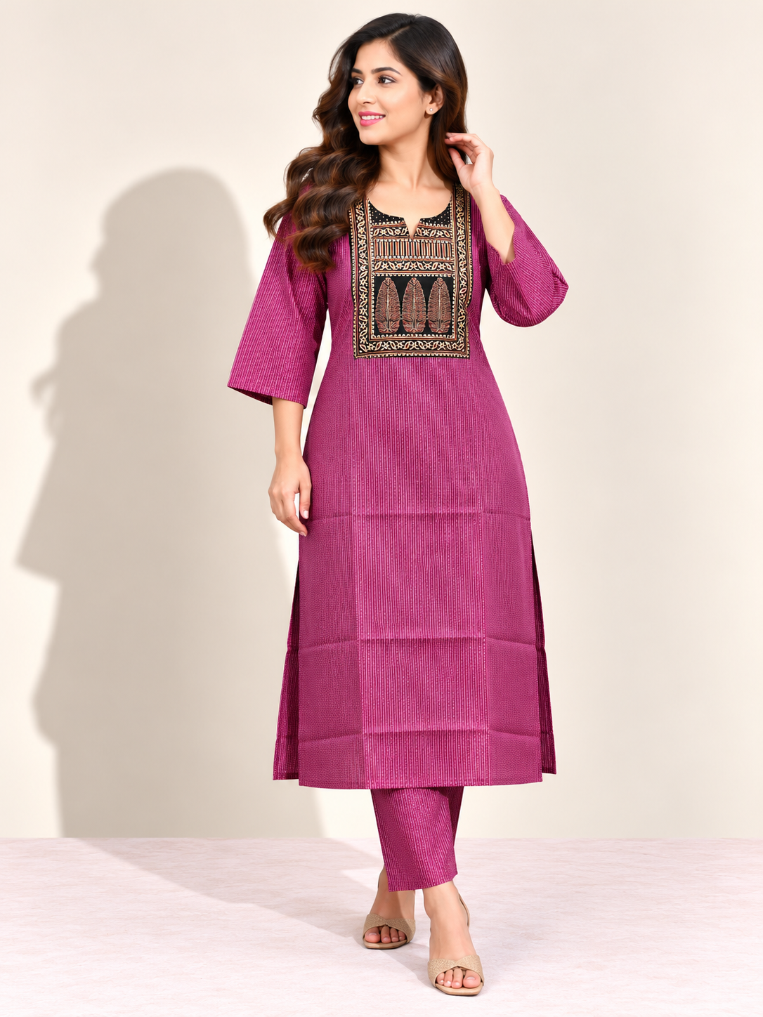 KANTHA KURTHI SET (PINKISH LEAF)