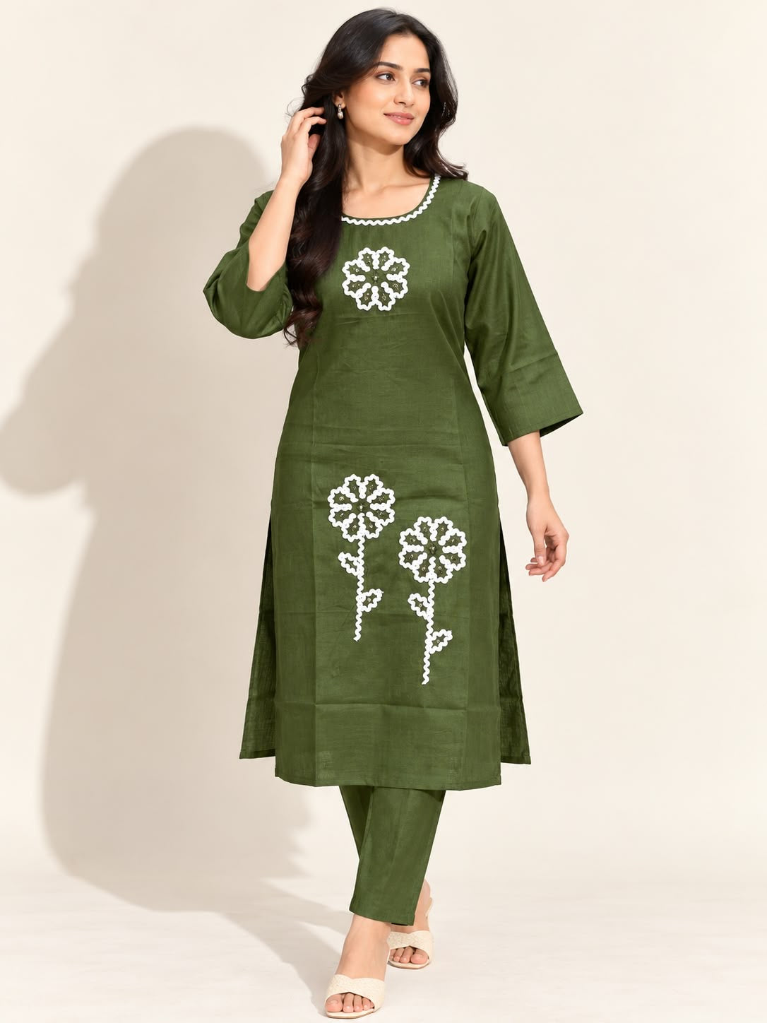 OLIVE GREEN VATICAN SILK EMBROIDERED TWO-PIECE KURTI SET