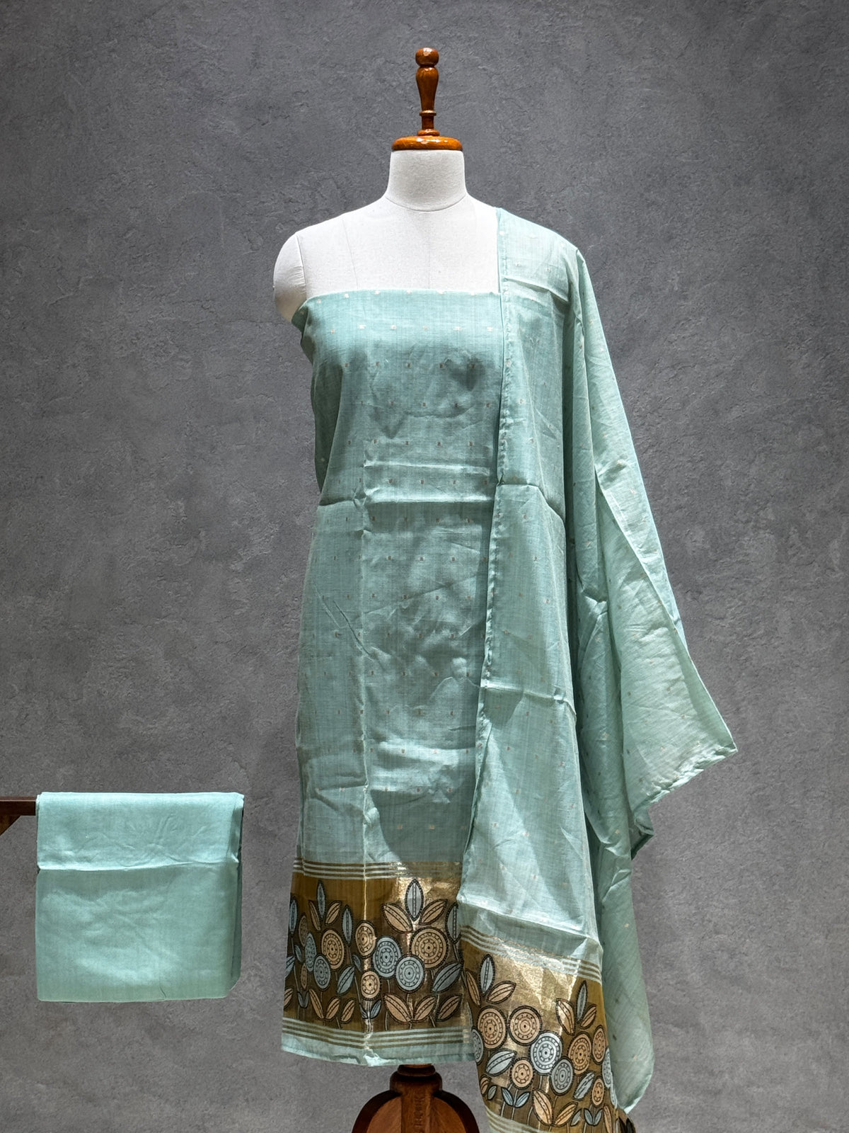 MINT GREEN FLORAL BORDER SILK SALWAR MATERIAL SET