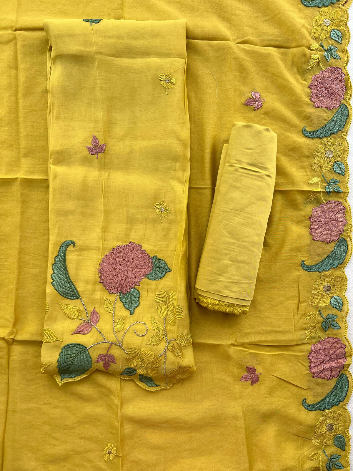 LEMON YELLOW FLORAL EMBROIDERED SILK SALWAR MATERIAL SET