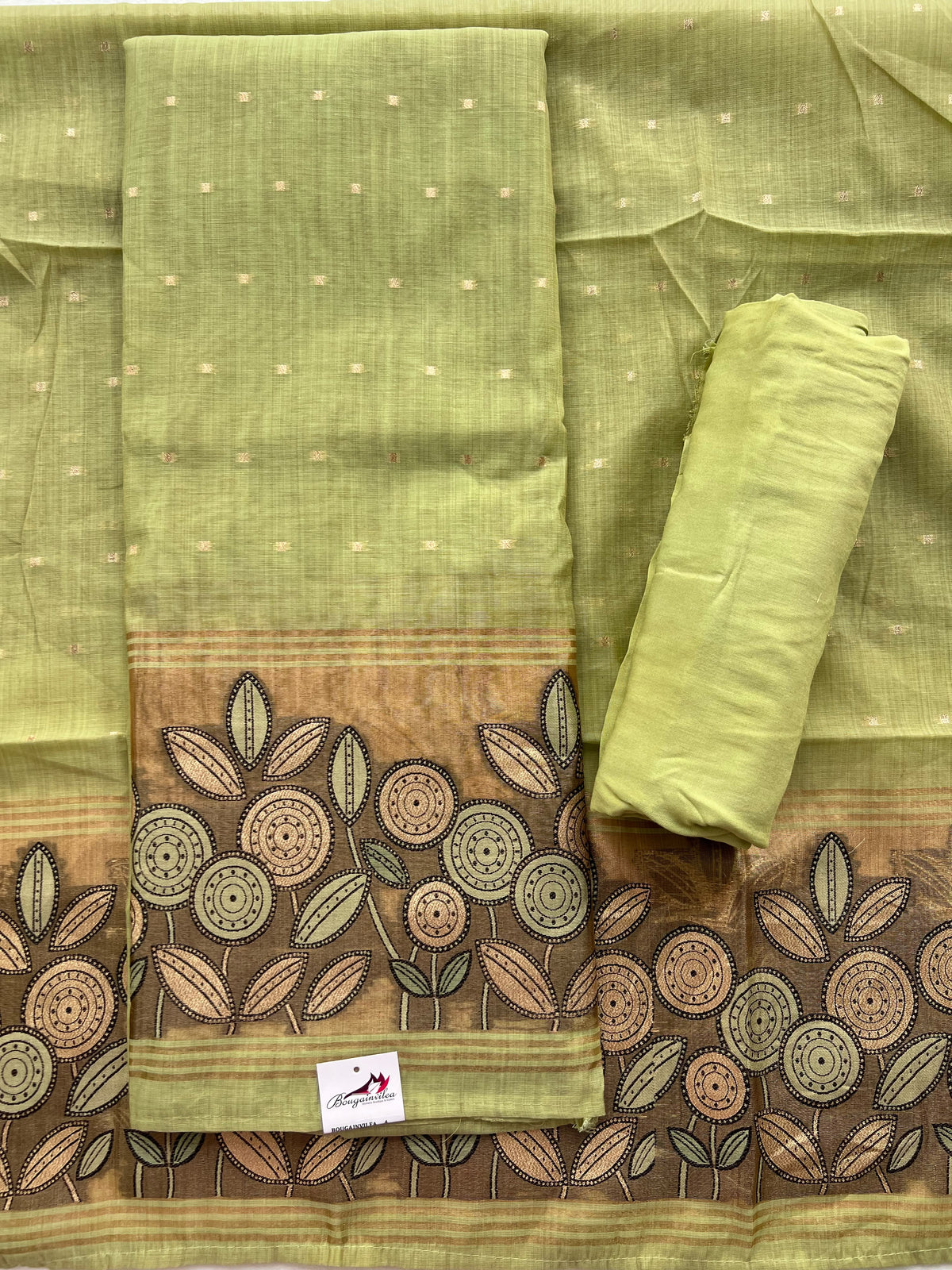 PISTACHIO GREEN FLORAL BORDER SILK SALWAR MATERIAL SET