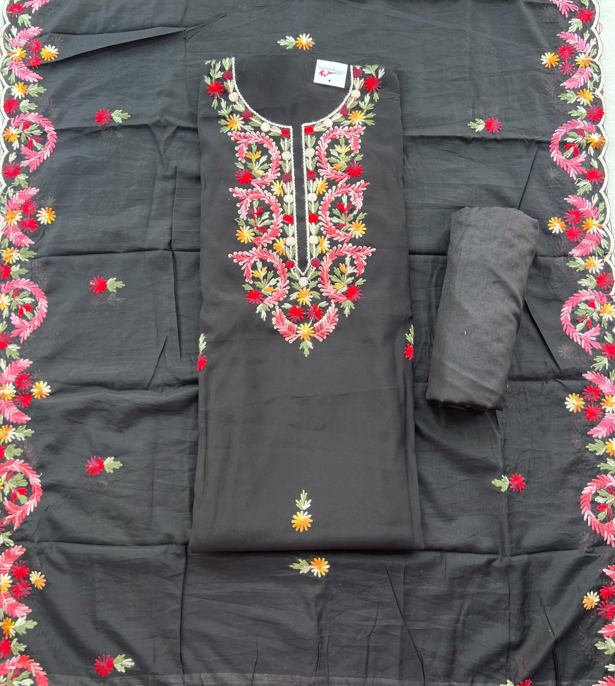 BLACK FLORAL EMBROIDERED SALWAR MATERIAL SET