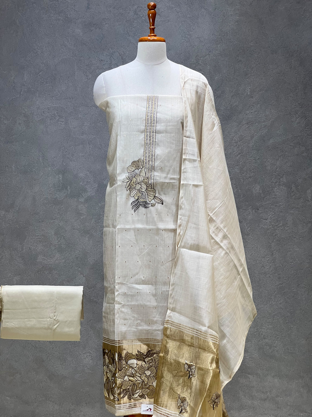 IVORY GOLD FLORAL EMBROIDERED SALWAR MATERIAL SET