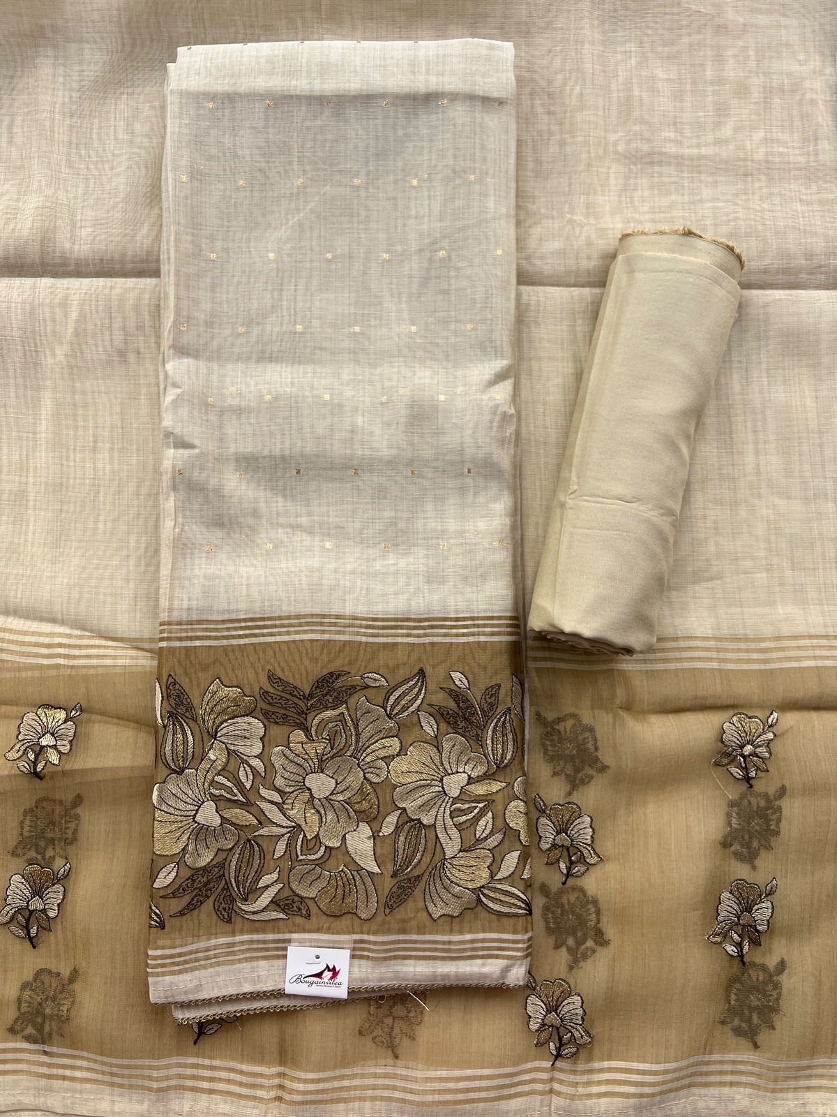 IVORY GOLD FLORAL EMBROIDERED SALWAR MATERIAL SET
