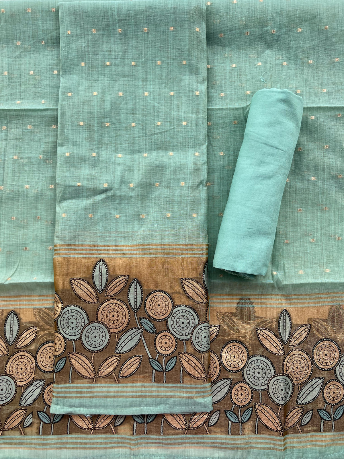 MINT GREEN FLORAL BORDER SILK SALWAR MATERIAL SET