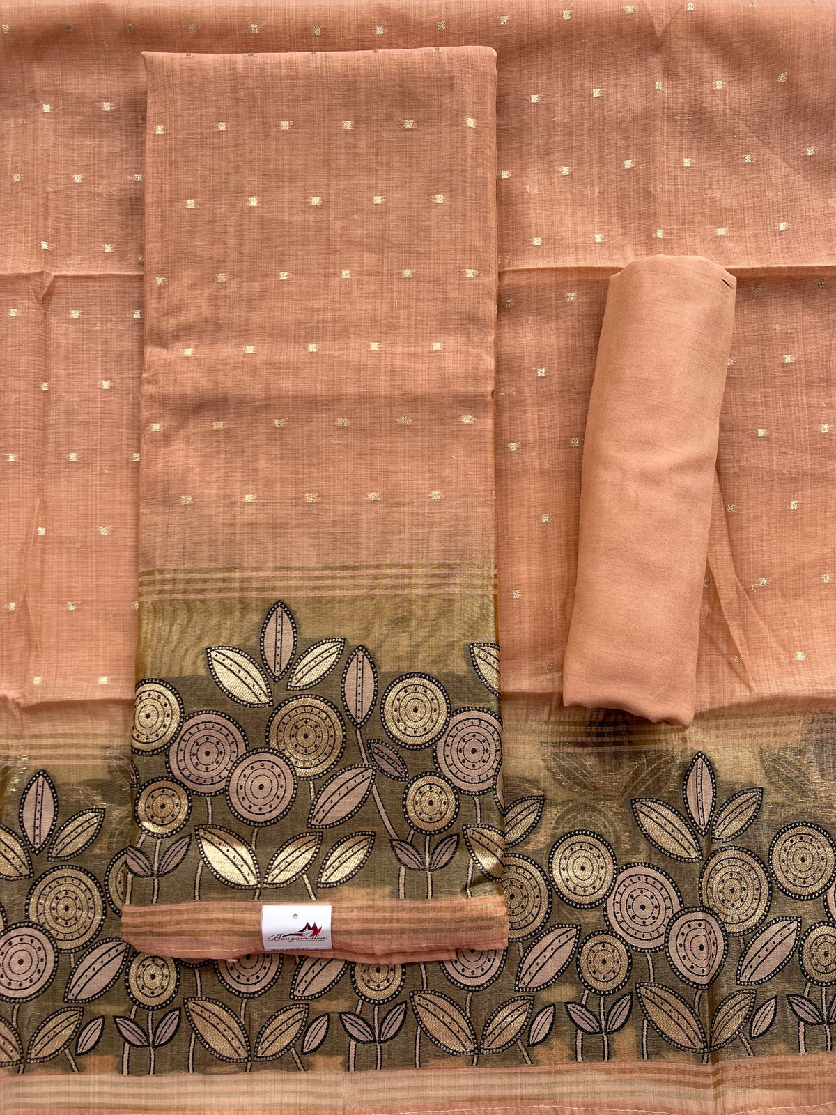 PEACH PINK FLORAL BORDER SILK SALWAR MATERIAL SET