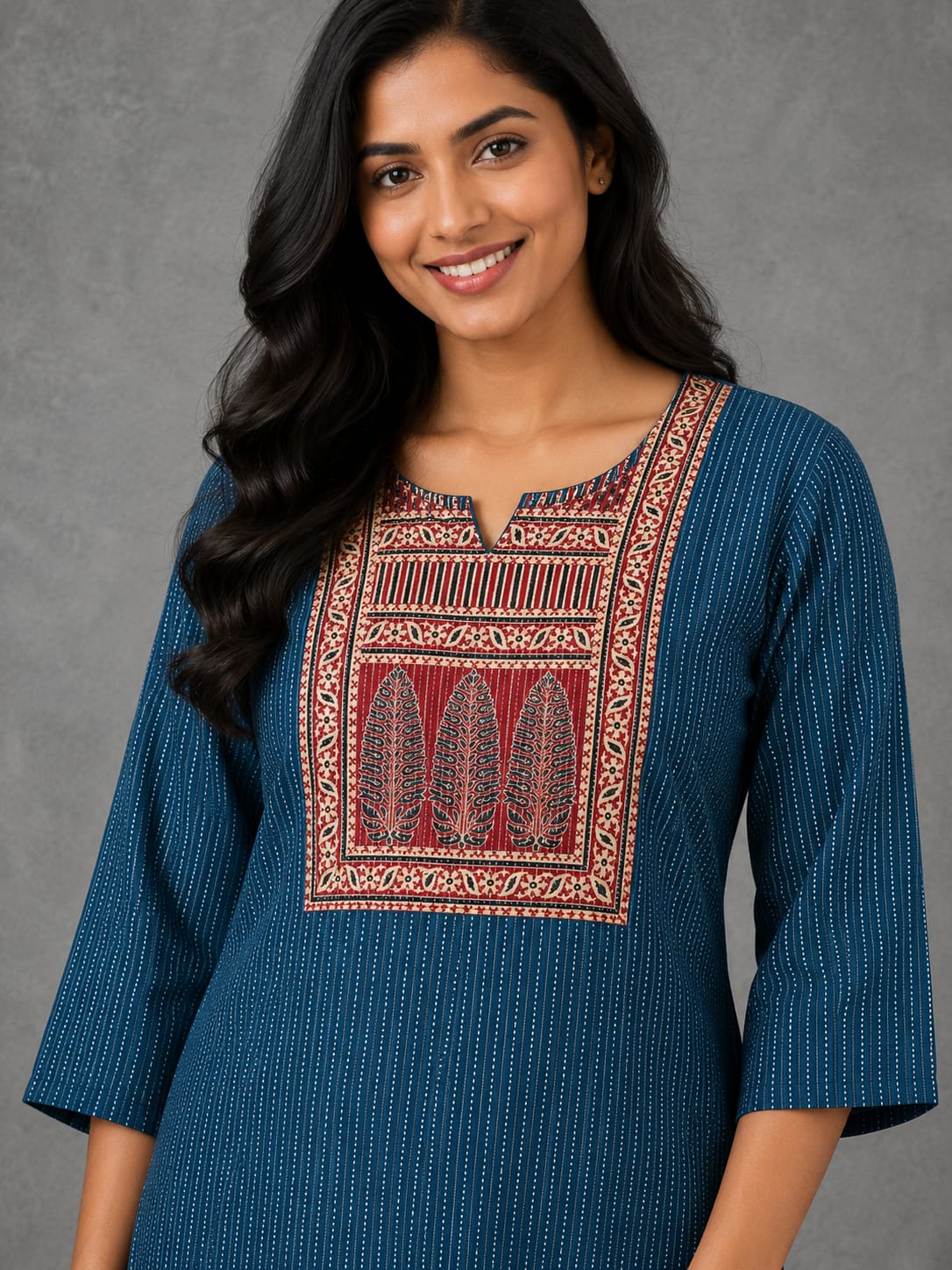 KANTHA KURTHI SET (BLUE LEAF)