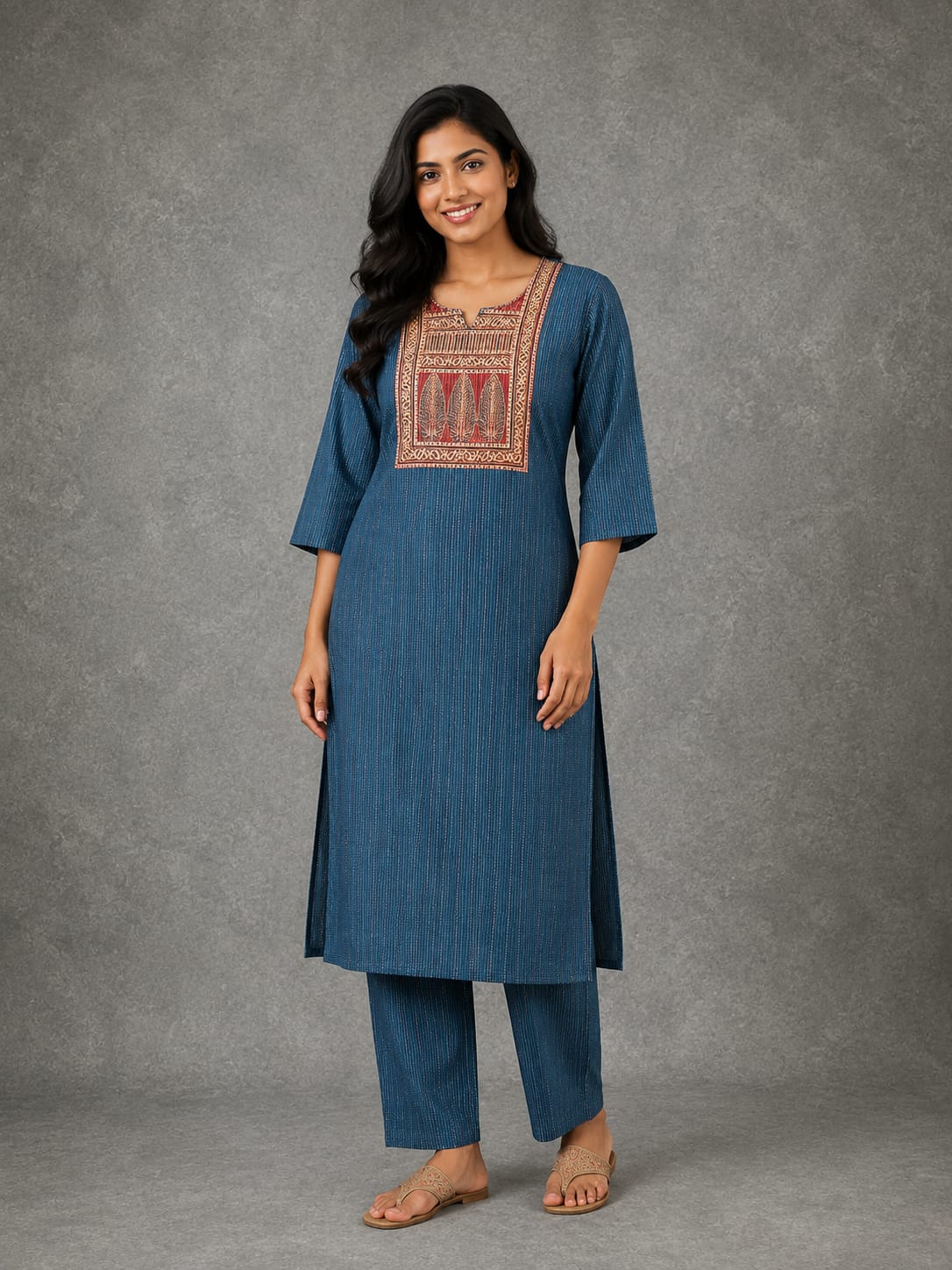KANTHA KURTHI SET (BLUE LEAF)