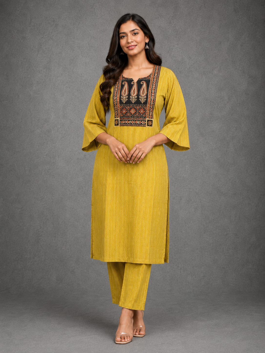 KANTHA KURTHI SET (MUSTARD REED)