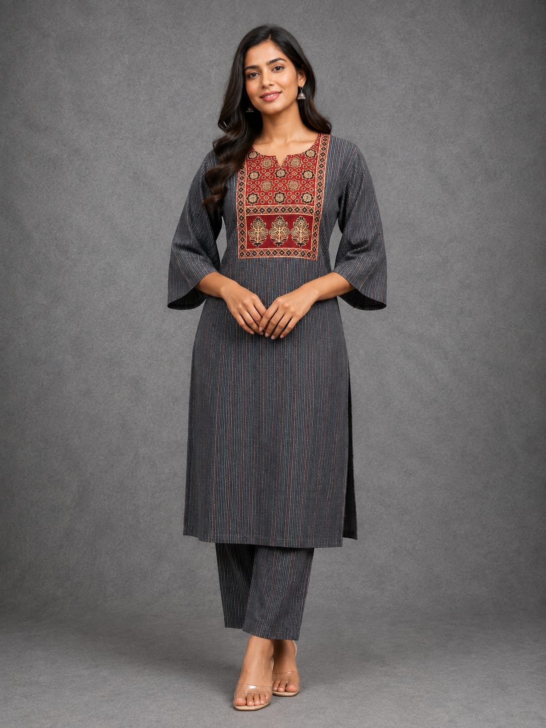KANTHA KURTHI SET (GREY FLORAL)
