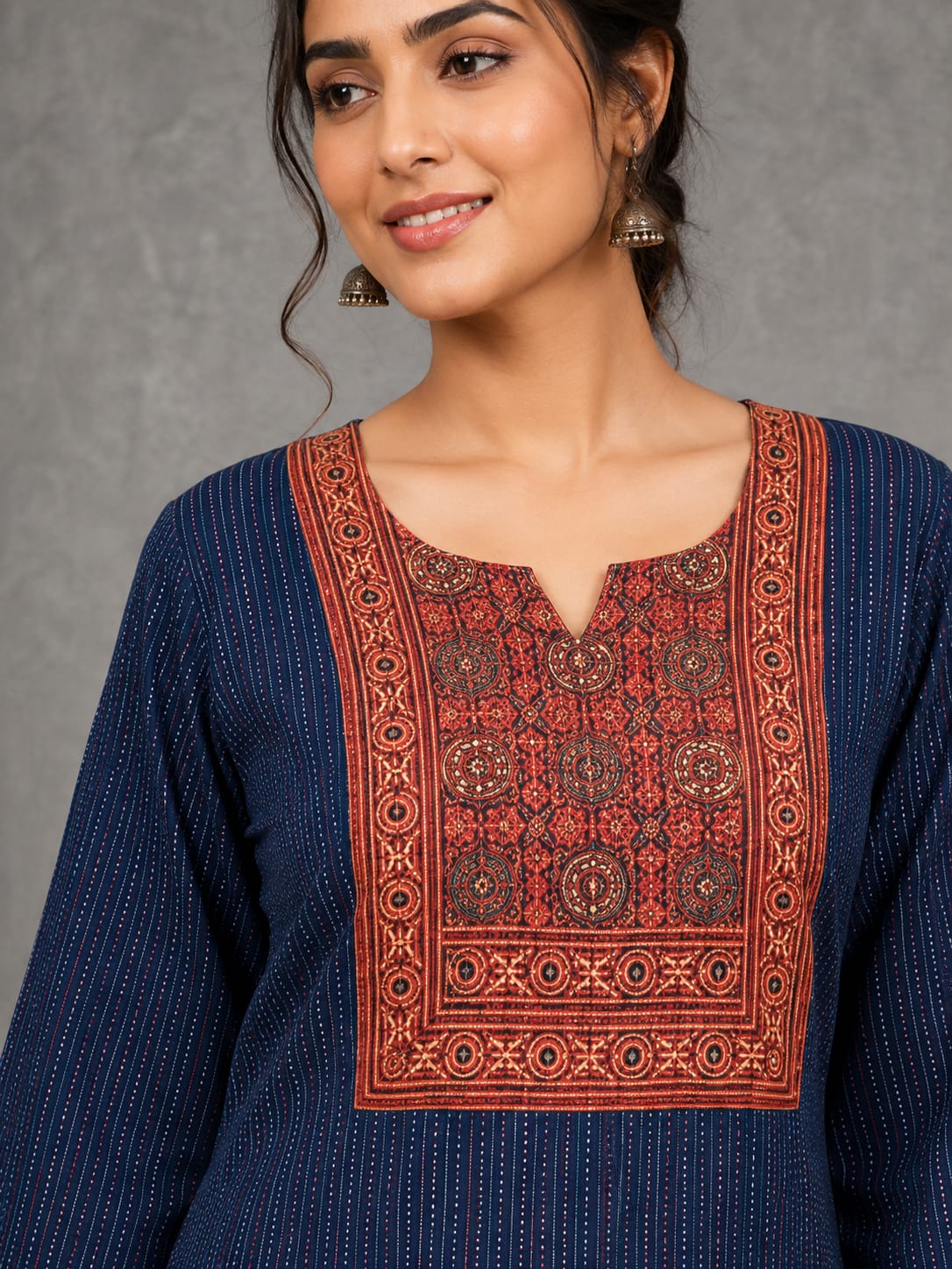 KANTHA KURTHI SET (NAVY BLUE AJRAKH)