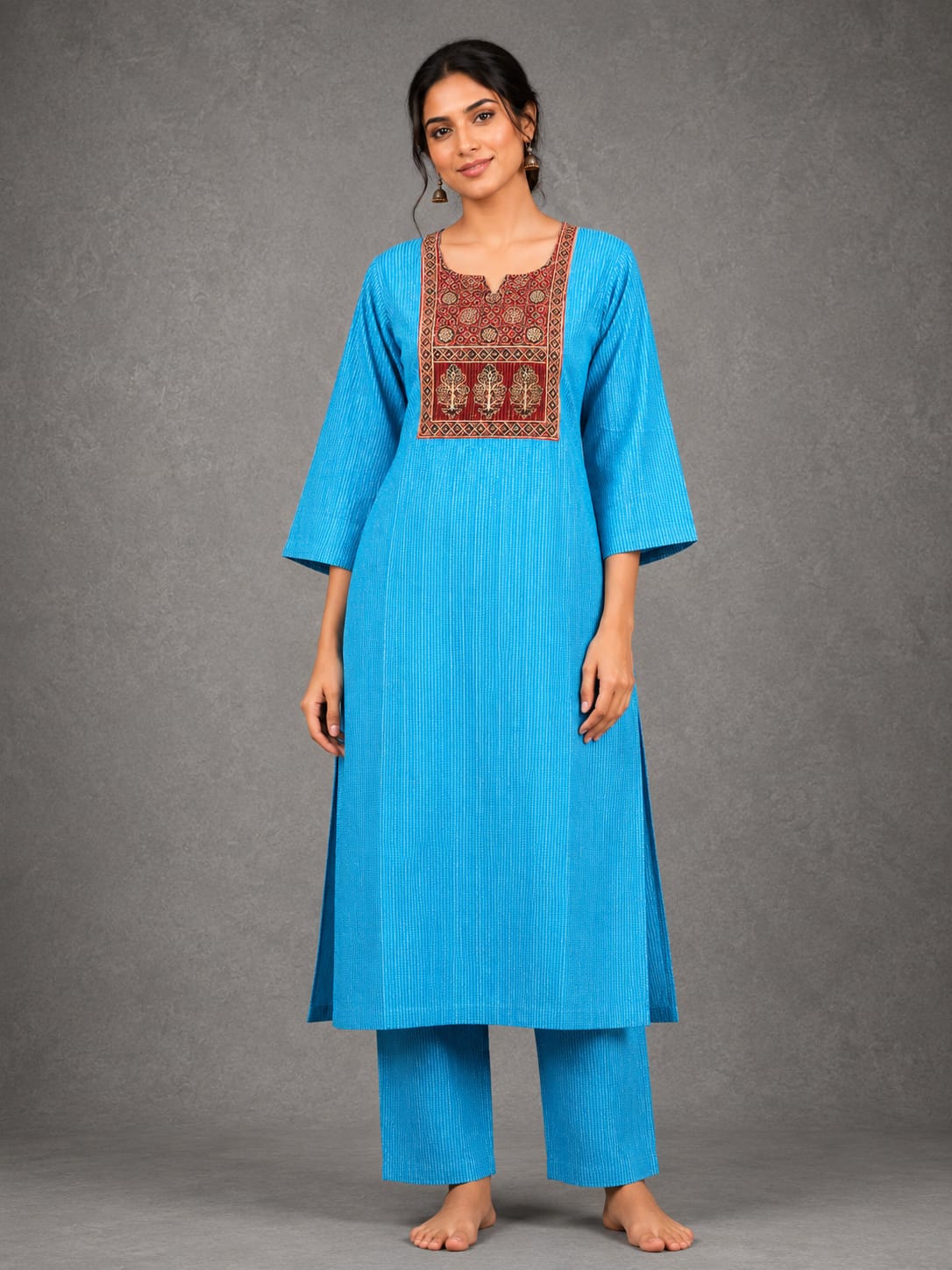 KANTHA KURTHI SET (BLUE FLORAL)