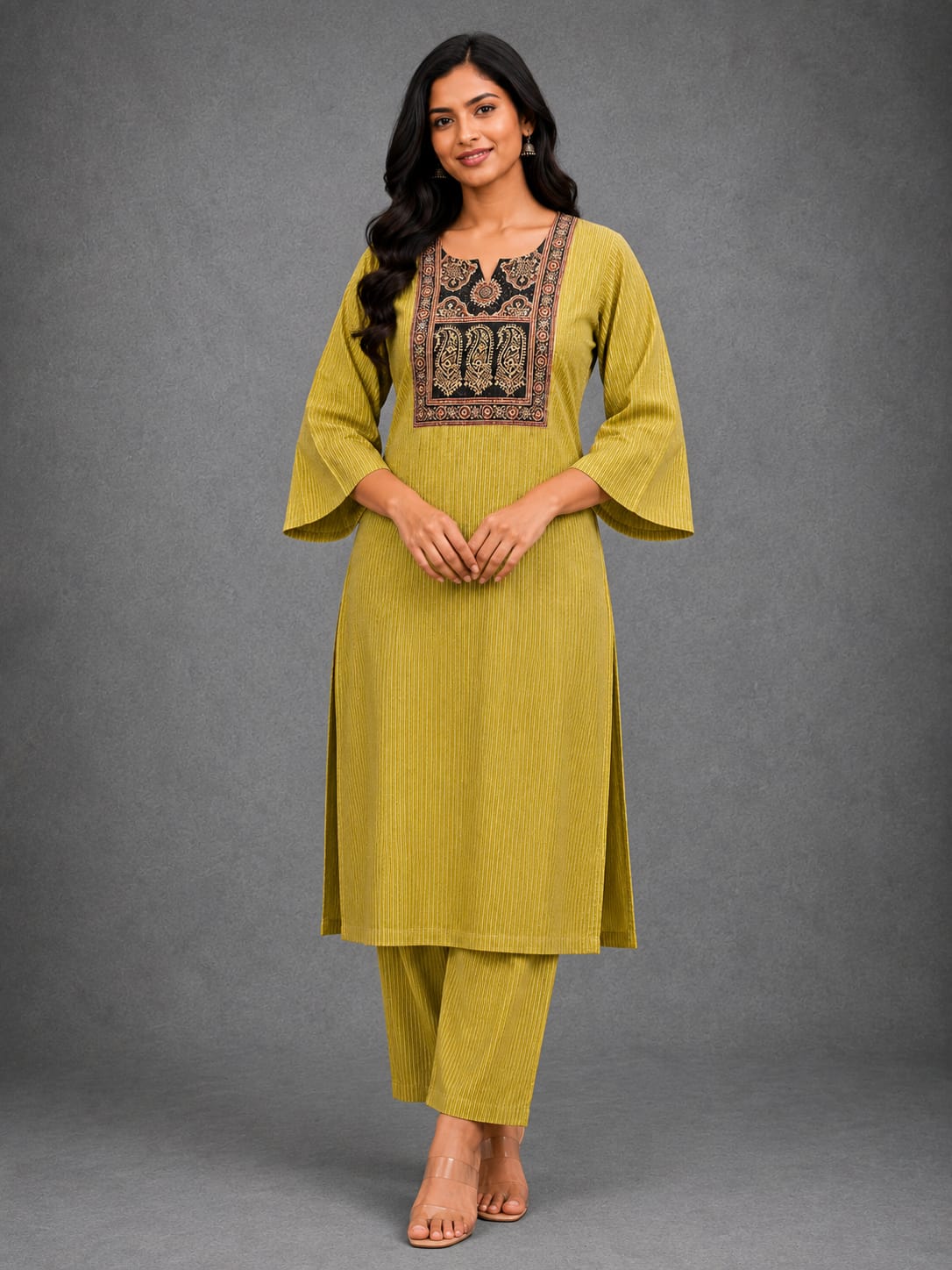 KANTHA KURTHI SET (MUSTARD MANGO)