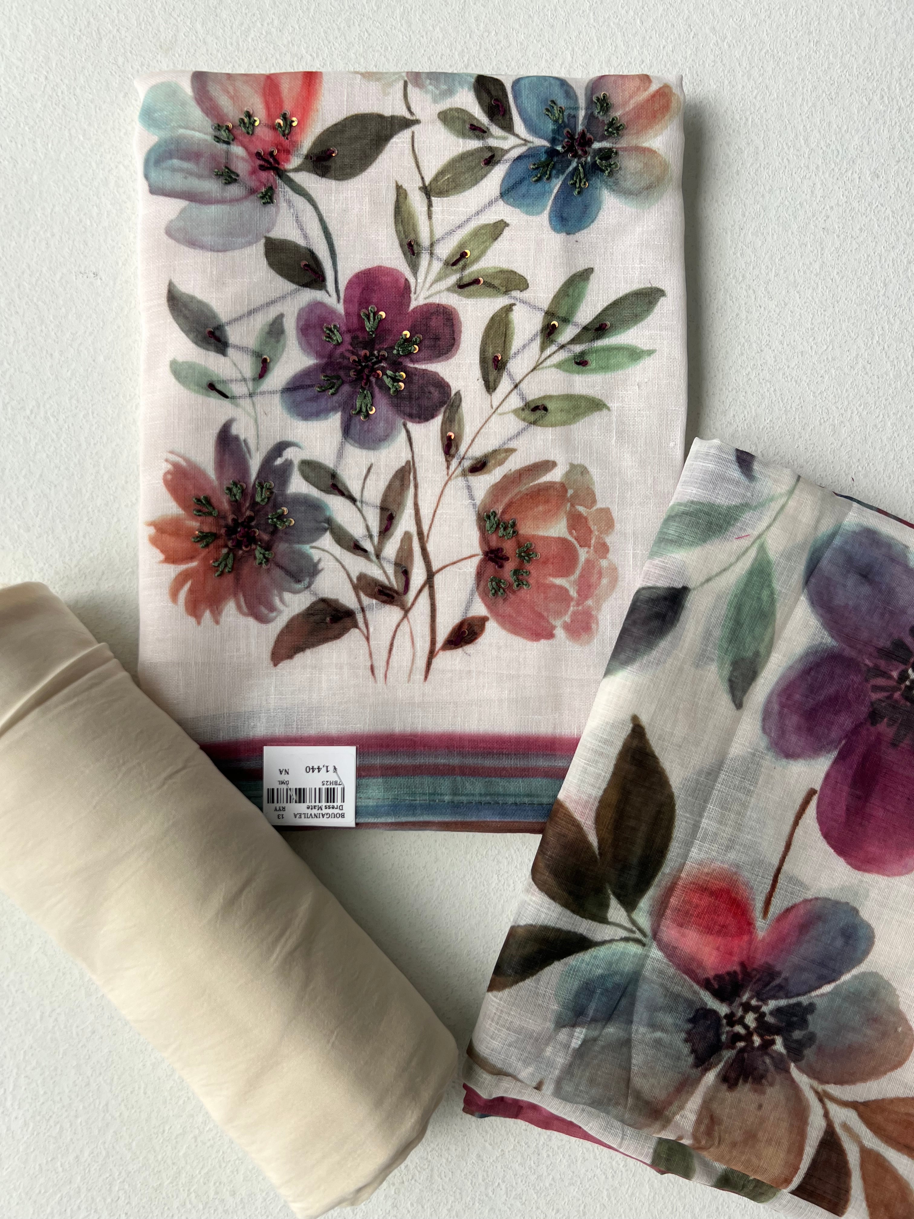 WHITE FLORAL PRINT LINEN UNSTITCHED SUITS