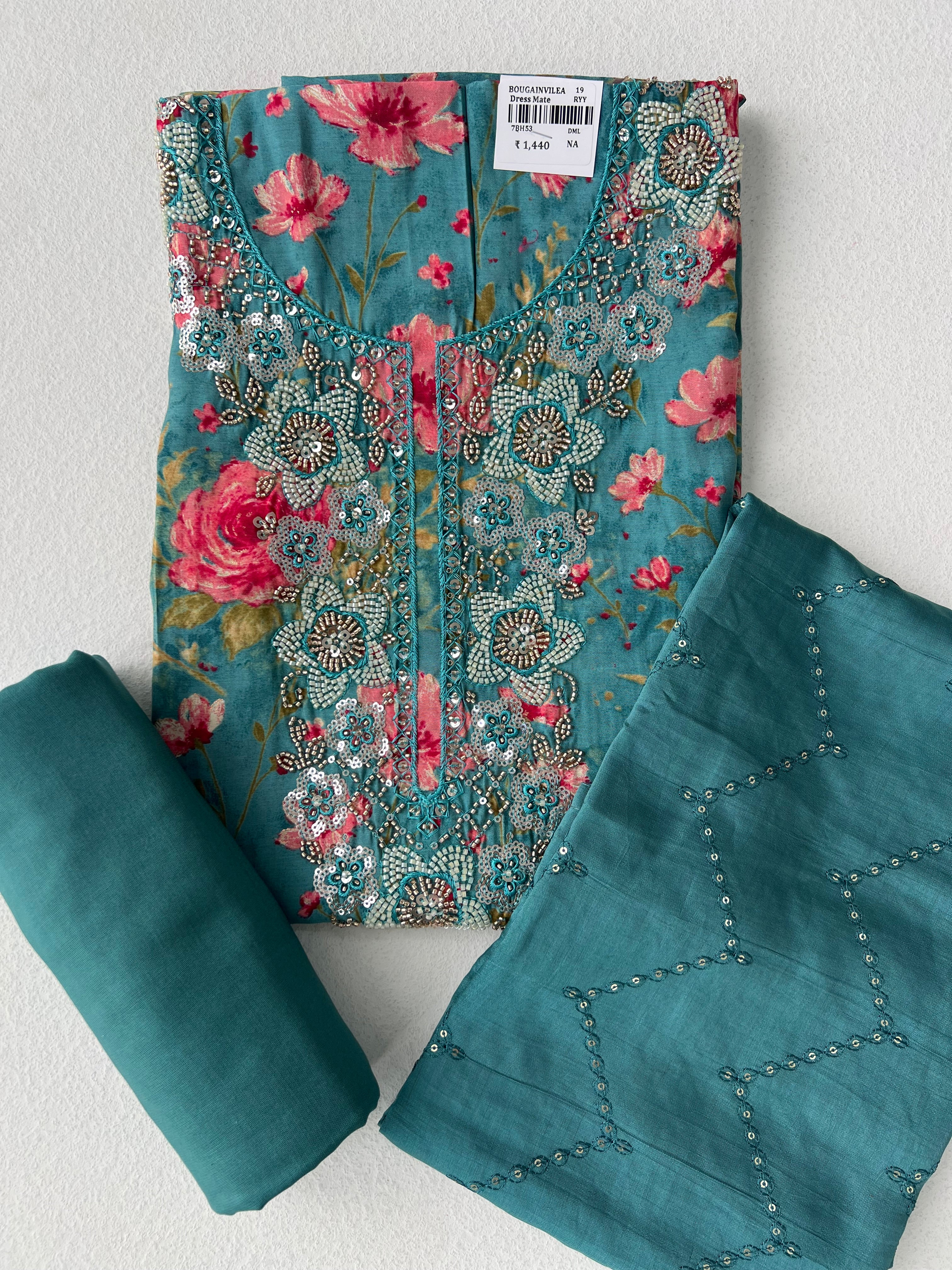 TURQUOISE BLUE FLORAL UNSTITCHED SUITS