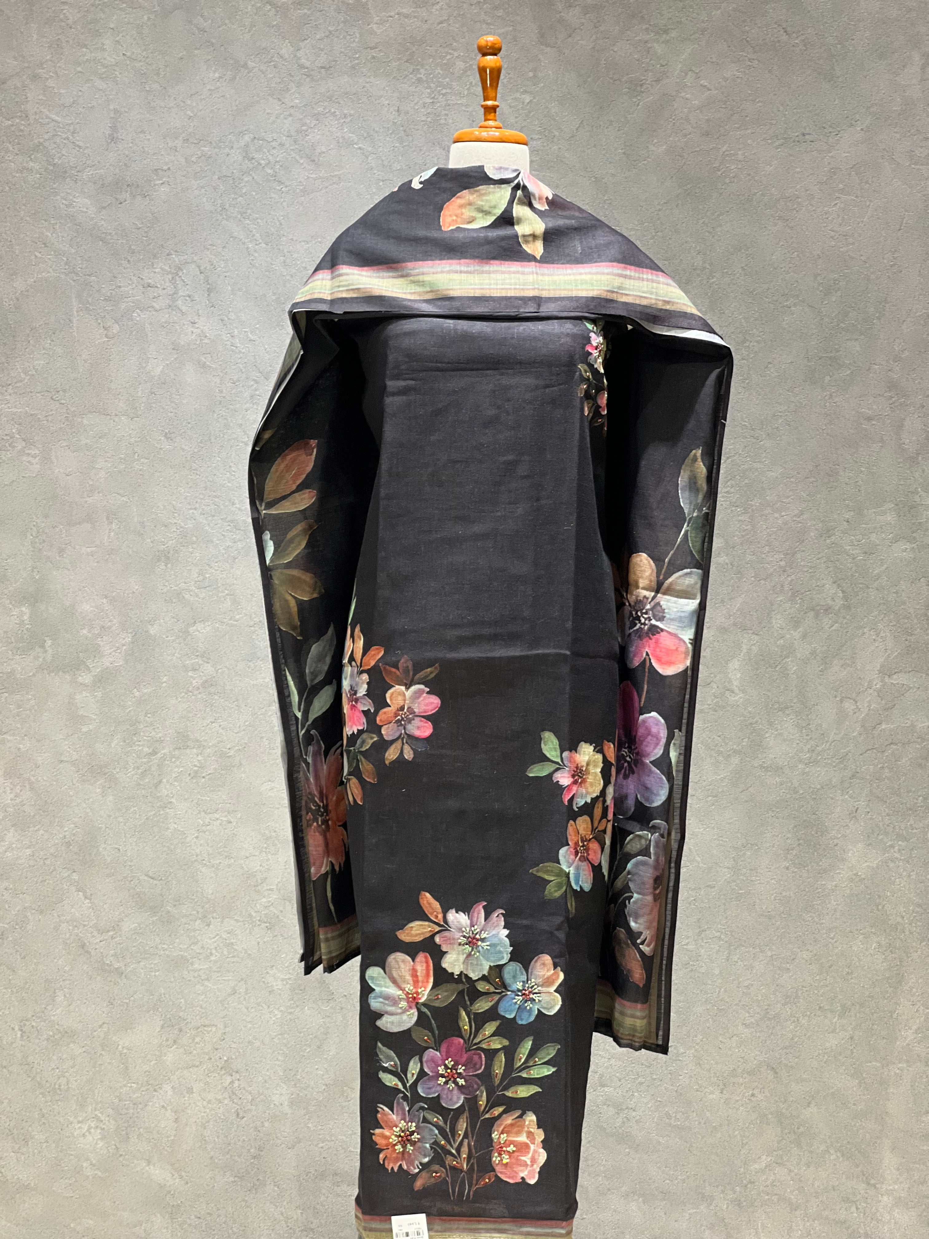 BLACK FLORAL PRINT LINEN UNSTITCHED SUITS