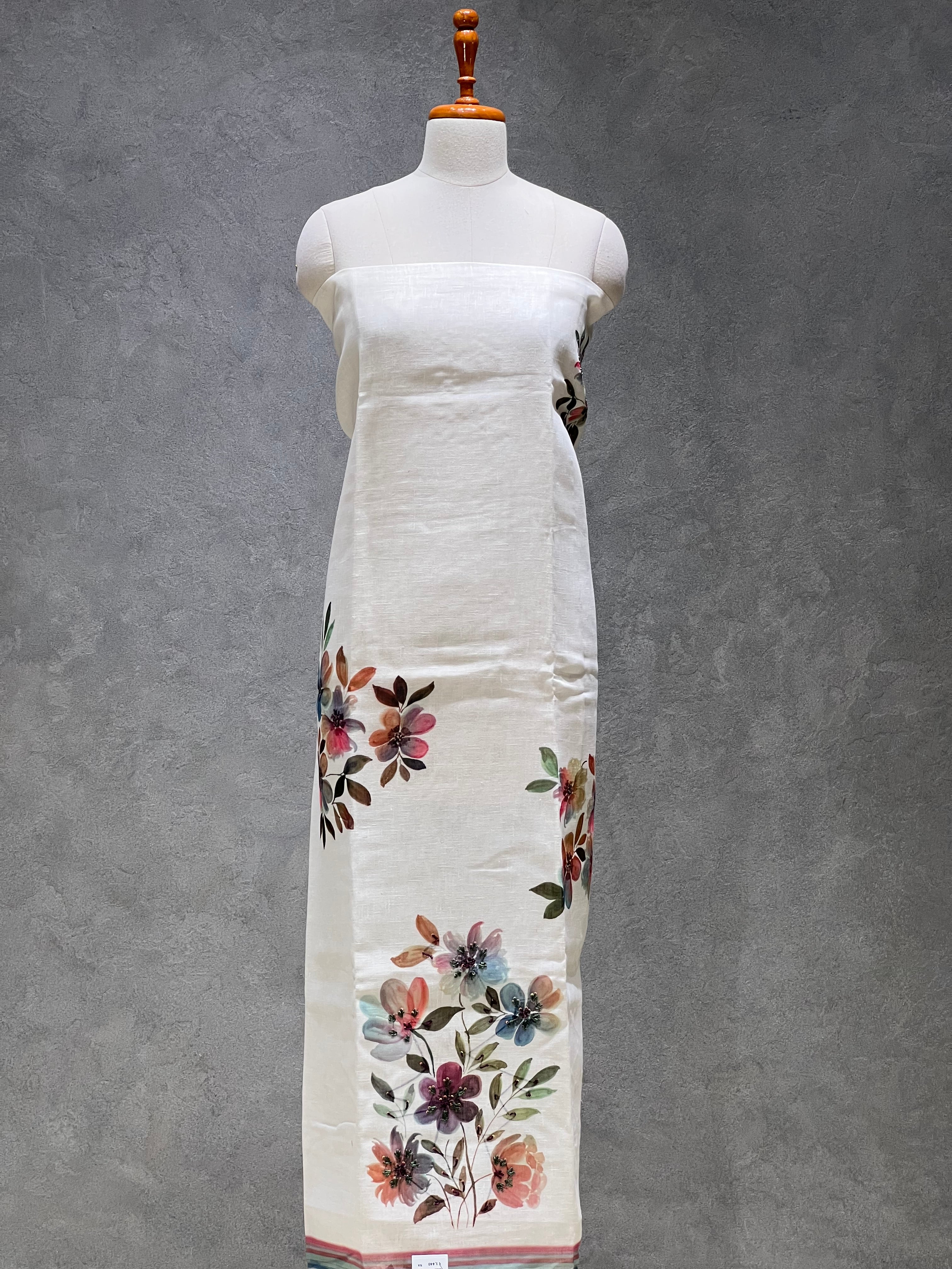 WHITE FLORAL PRINT LINEN UNSTITCHED SUITS