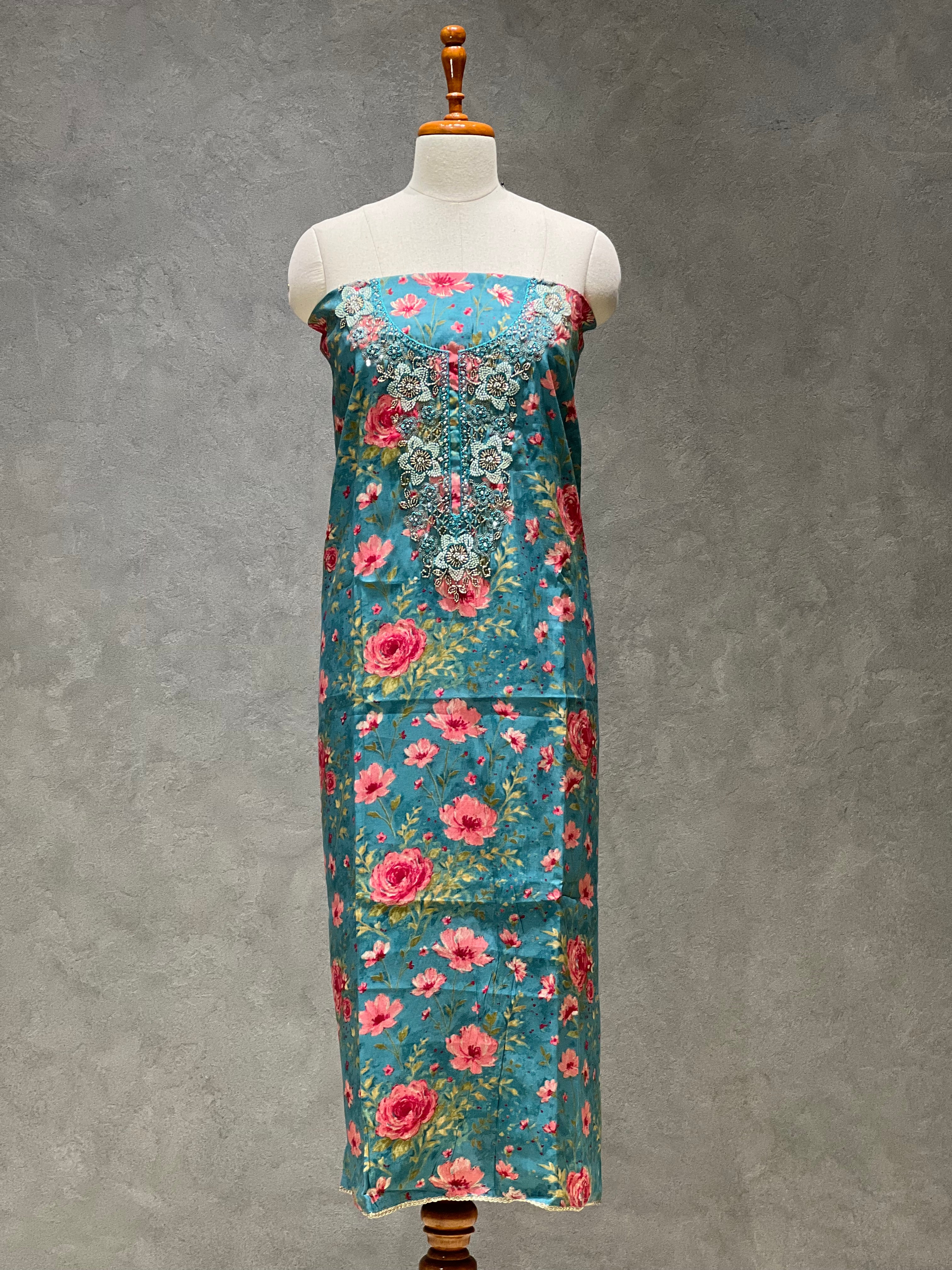 TURQUOISE BLUE FLORAL UNSTITCHED SUITS