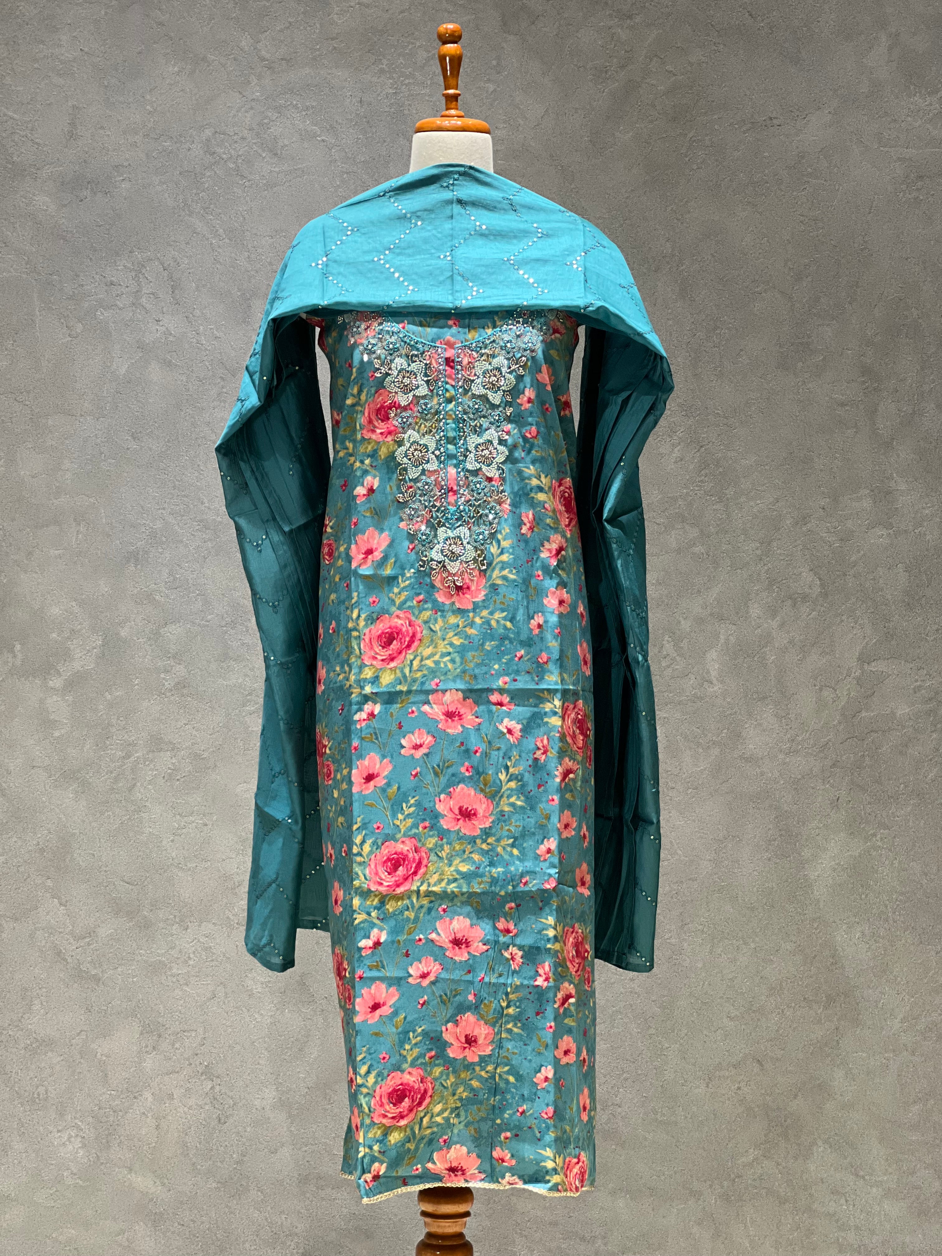 TURQUOISE BLUE FLORAL UNSTITCHED SUITS