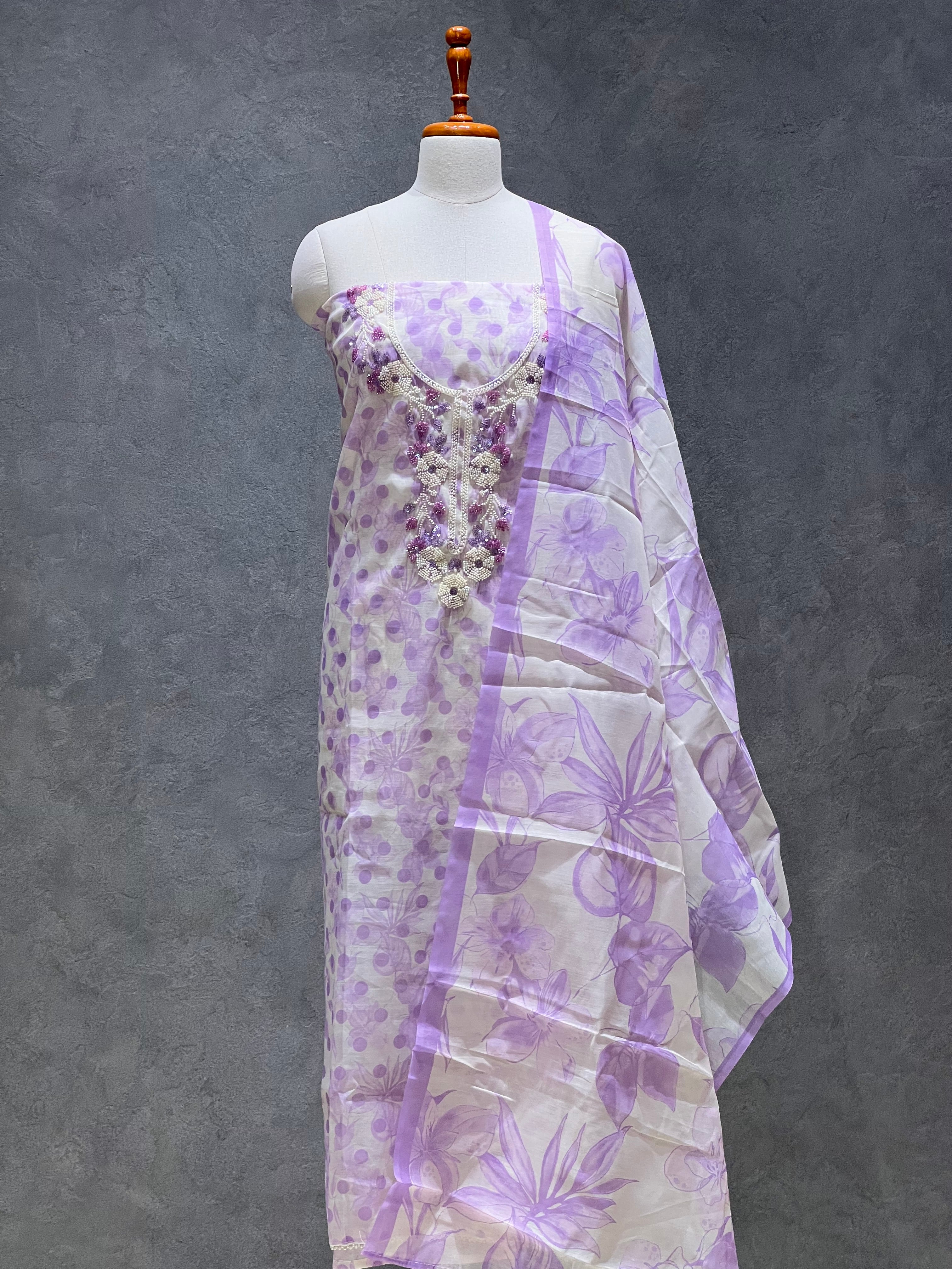 LAVENDER ORGANZA UNSTITCHED SUITS