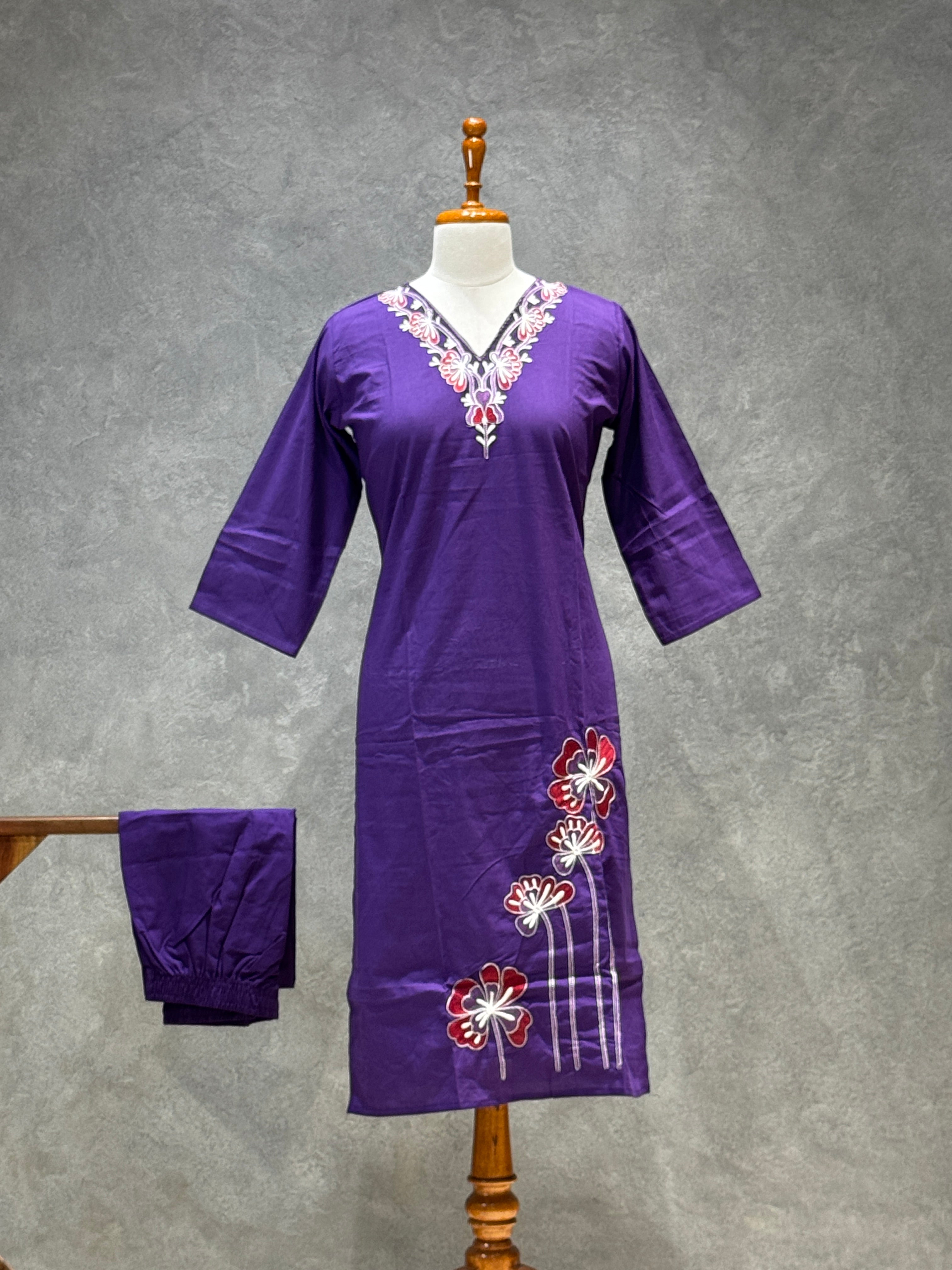 DHABU COTTON KURTHI SET (PURPLE)