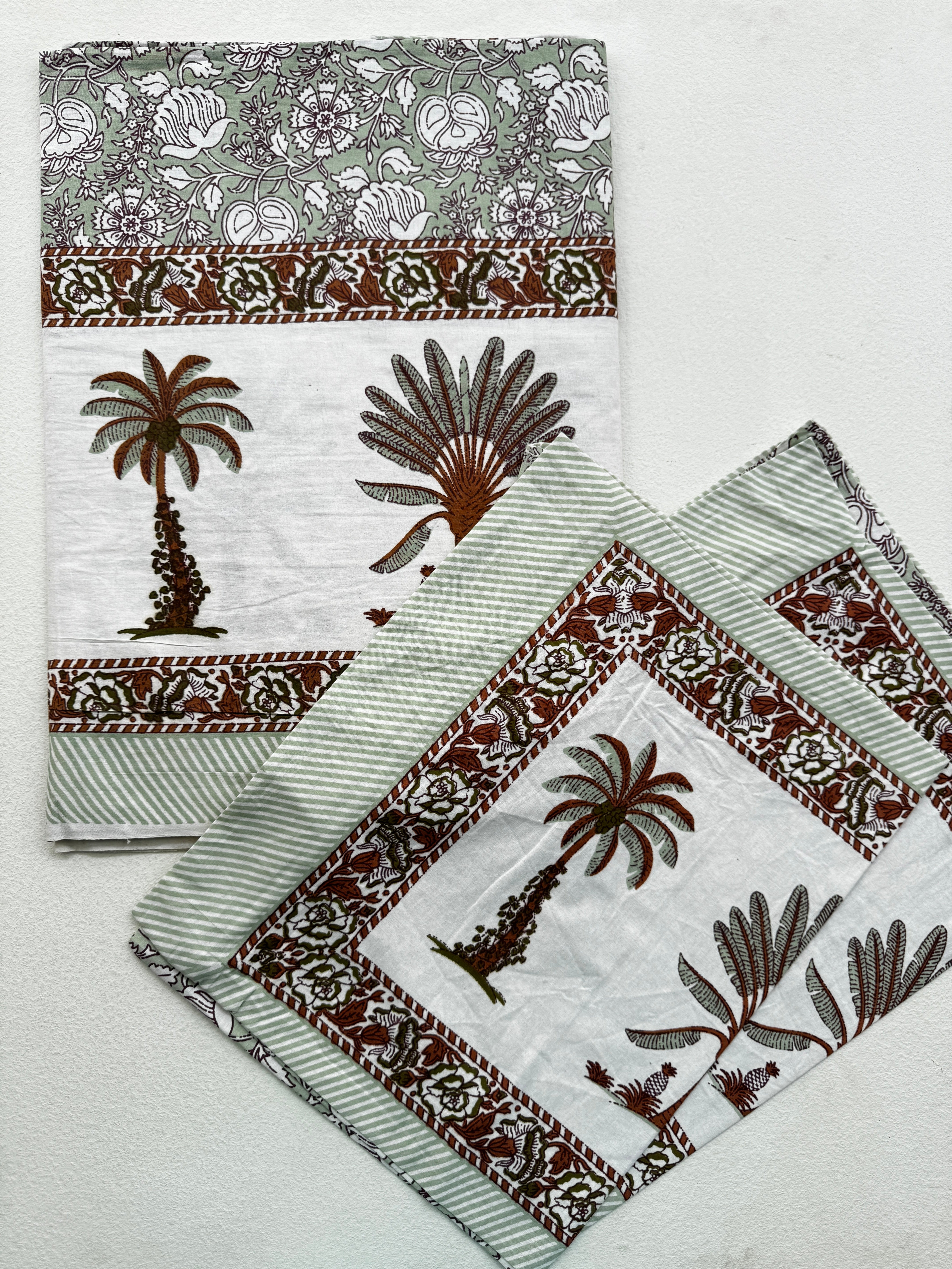 SAGE GREEN TROPICAL PALM TREE PRINTED COTTON BEDSPREAD
