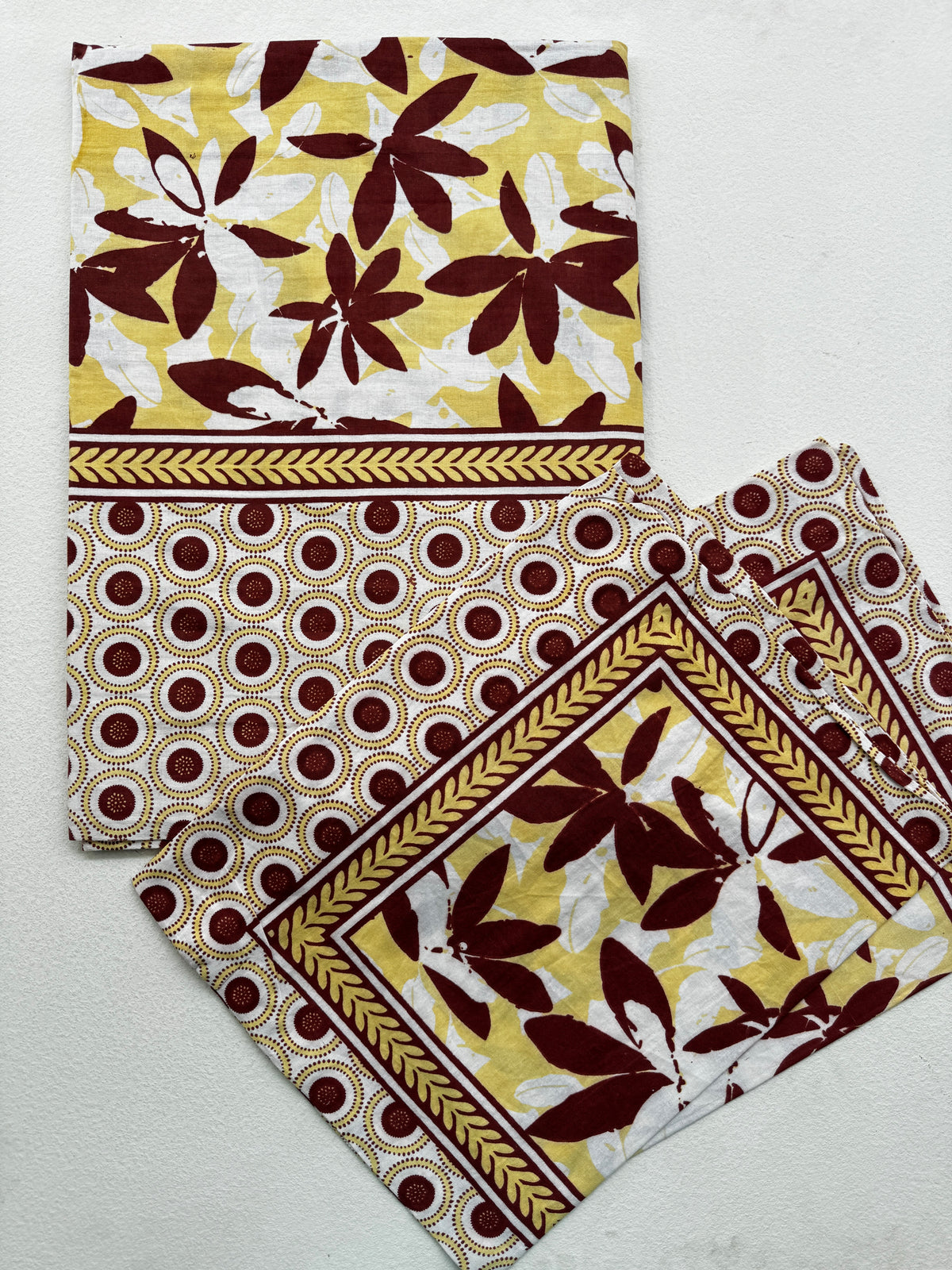 MUSTARD YELLOW & MAROON FLORAL PRINTED COTTON BEDSPREAD