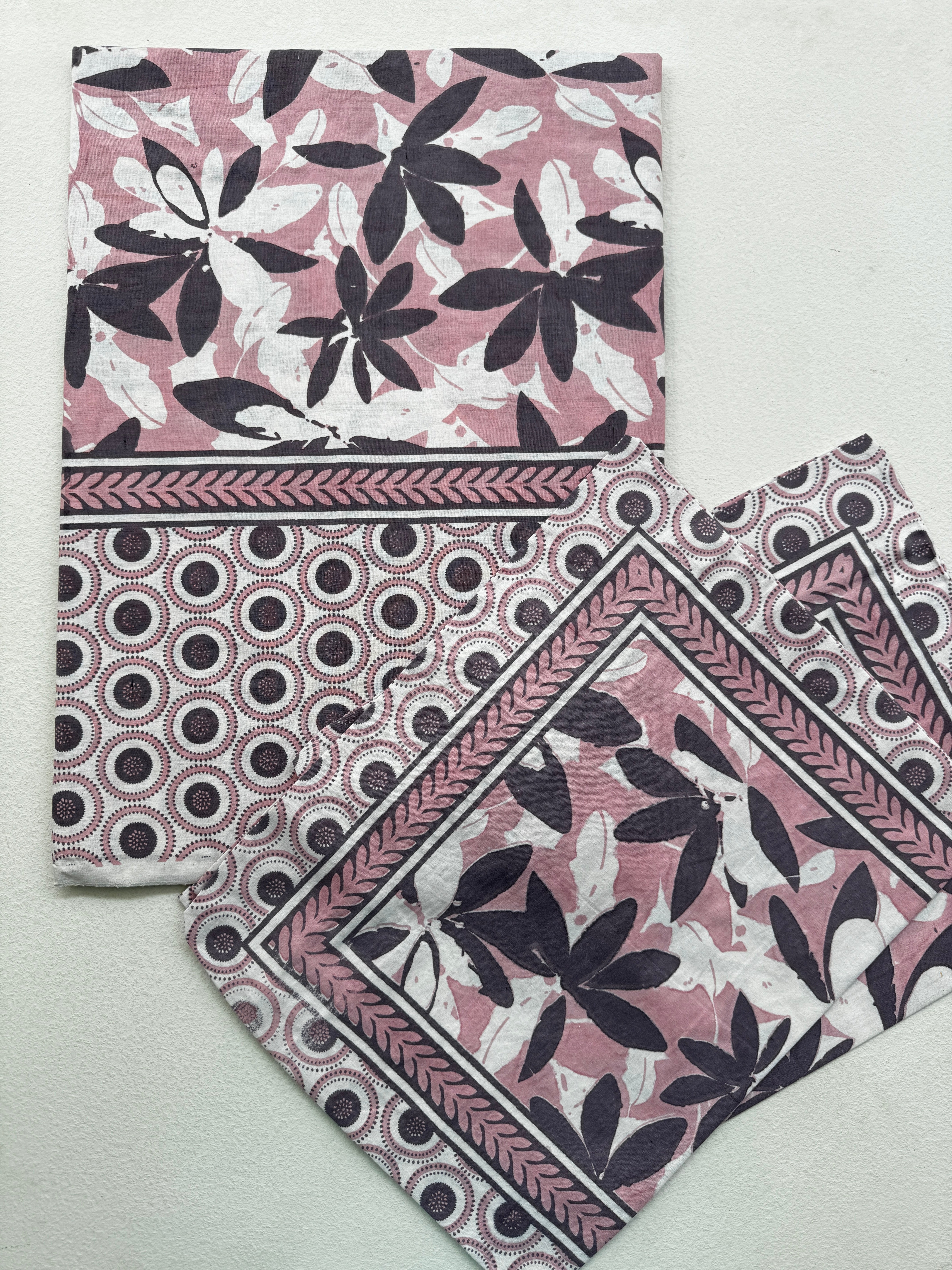 BLUSH PINK & CHARCOAL FLORAL PRINTED COTTON BEDSPREAD