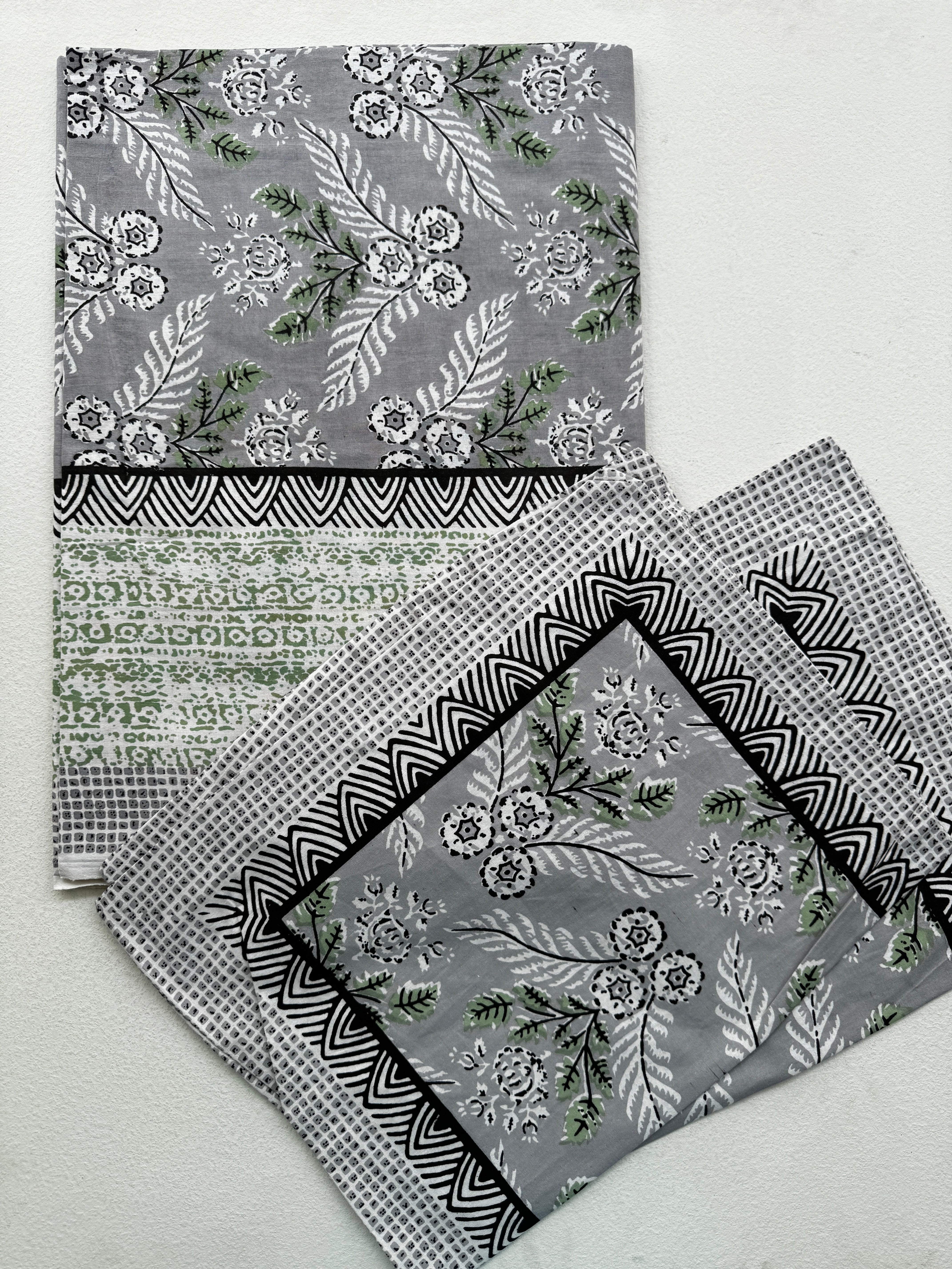 SAGE GREY FLORAL PRINTED COTTON BEDSPREAD