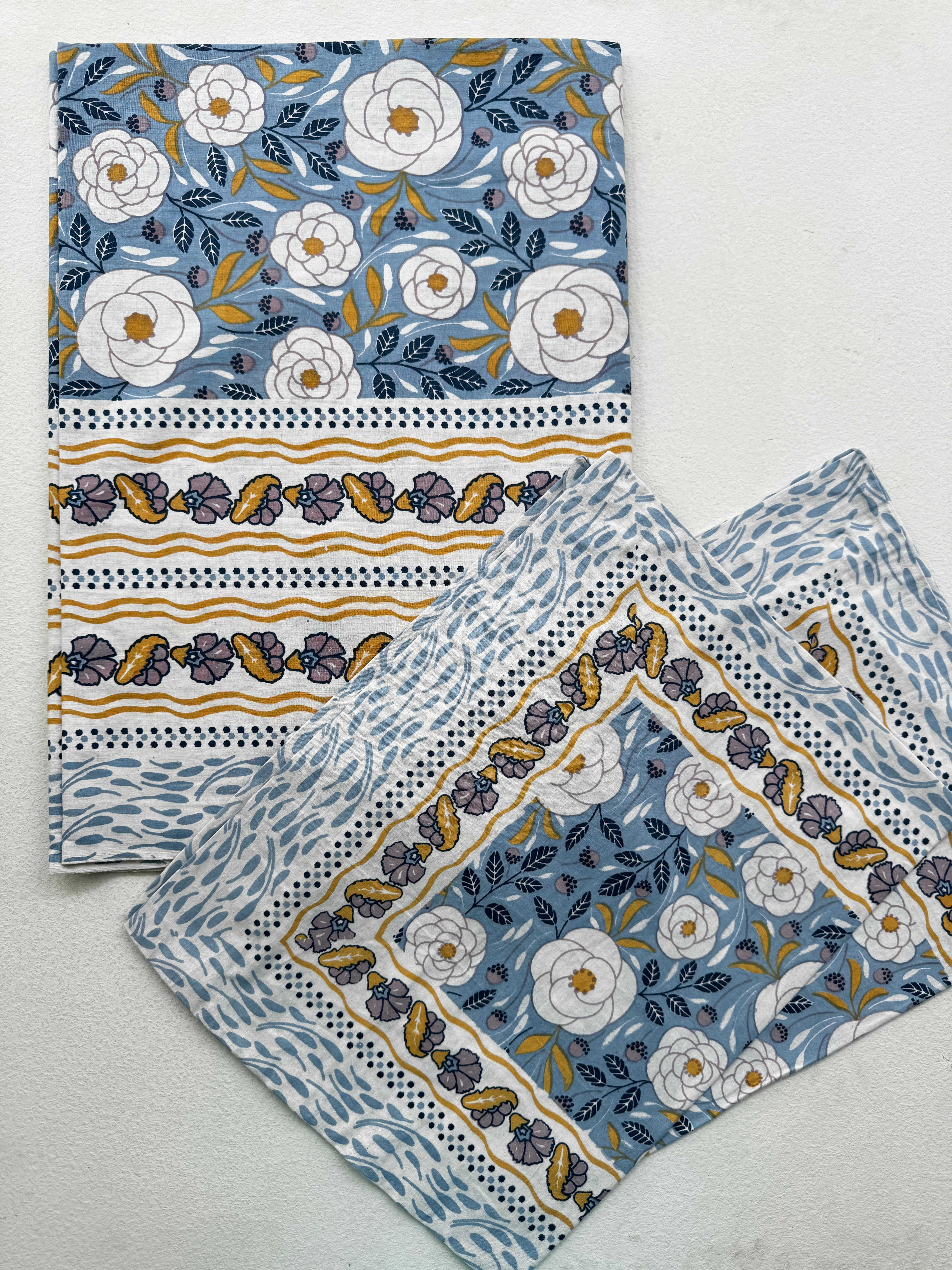 POWDER BLUE FLORAL PRINTED COTTON BEDSPREAD