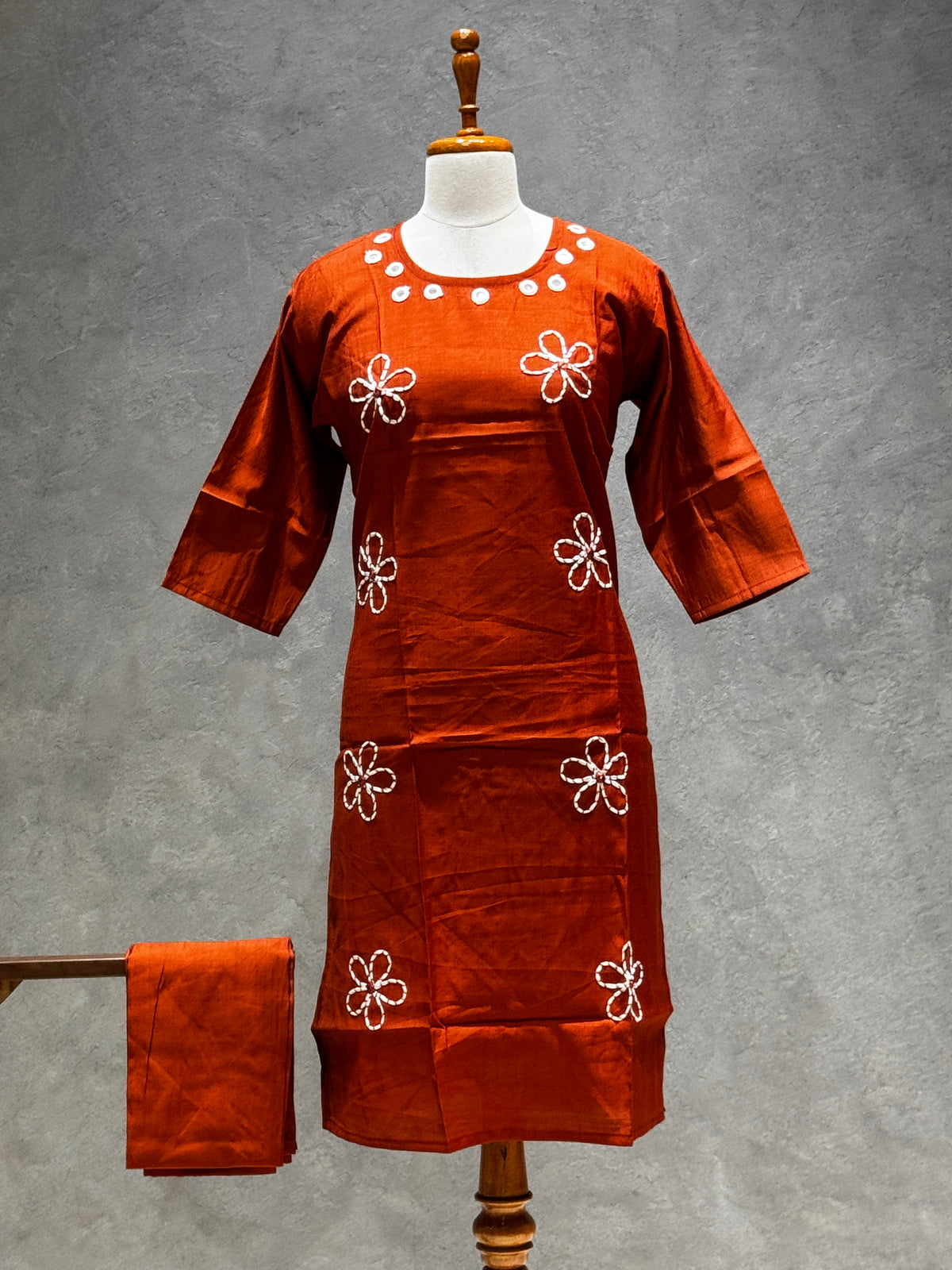 BURNT ORANGE VATICAN SILK EMBROIDERED TWO-PIECE KURTI SET