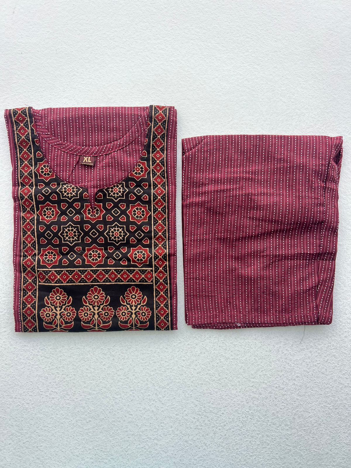 KANTHA KURTHI SET (DARK MAROON FLORAL)