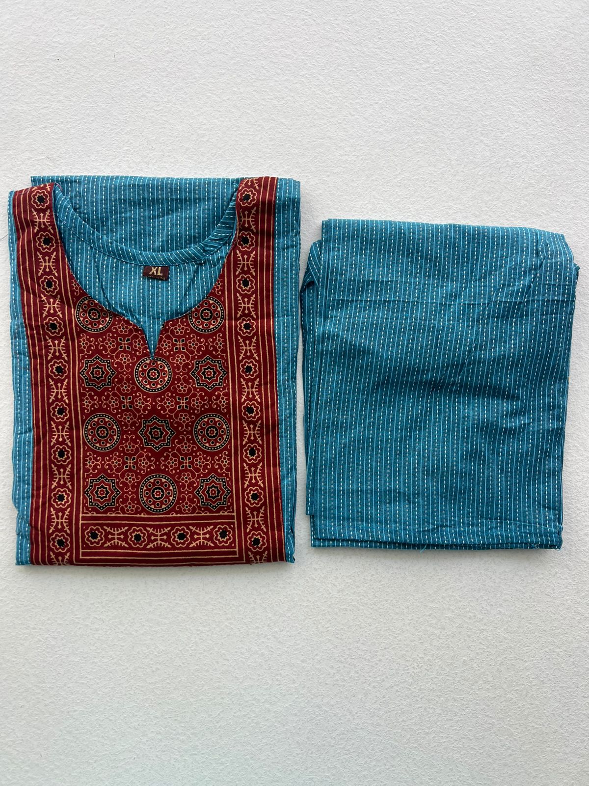 KANTHA KURTHI SET (BLUE AJRAKH)
