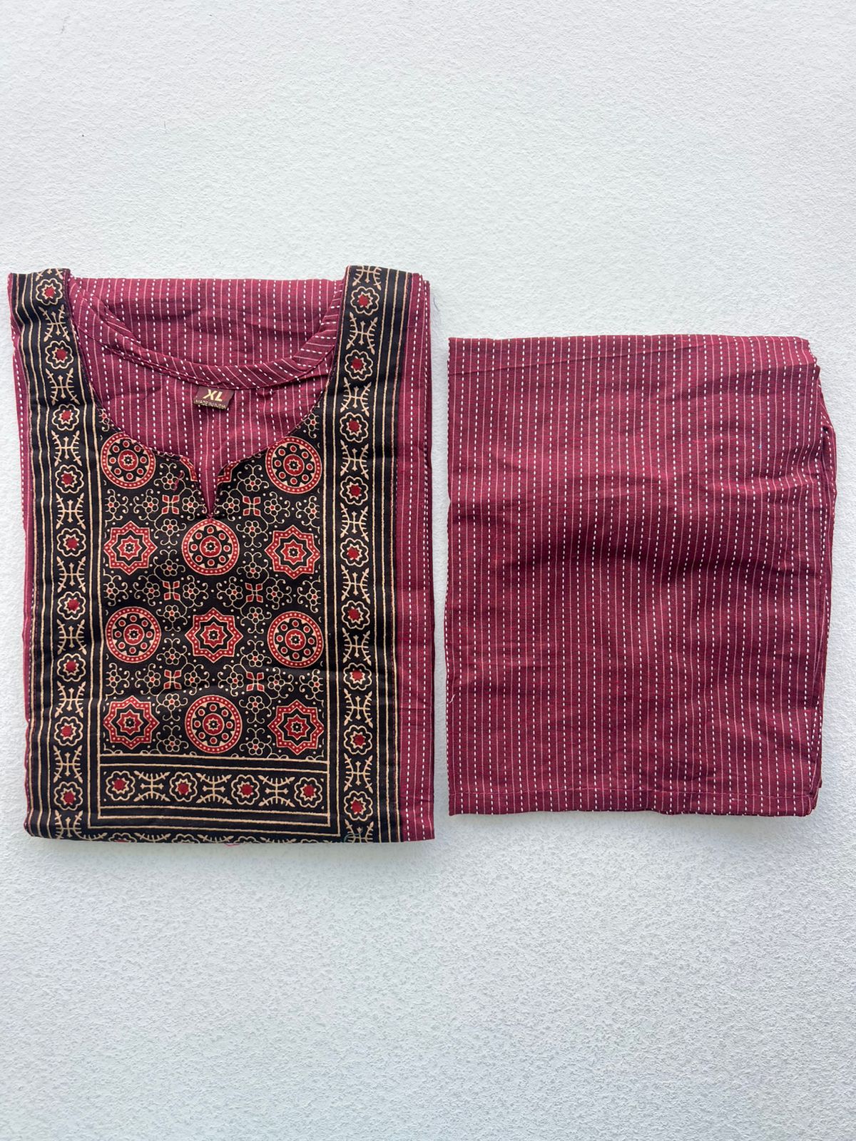 KANTHA KURTHI SET (DARK MAROON AJRAKH)