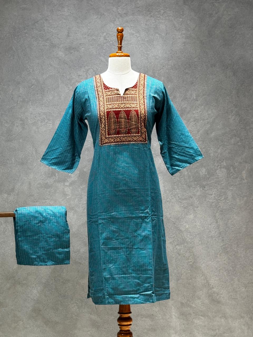 KANTHA KURTHI SET (DARK CYAN LEAF)