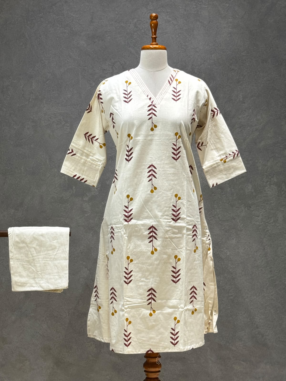 IVORY MAROON & MUSTARD LEAF PRINTED COTTON KURTI SET