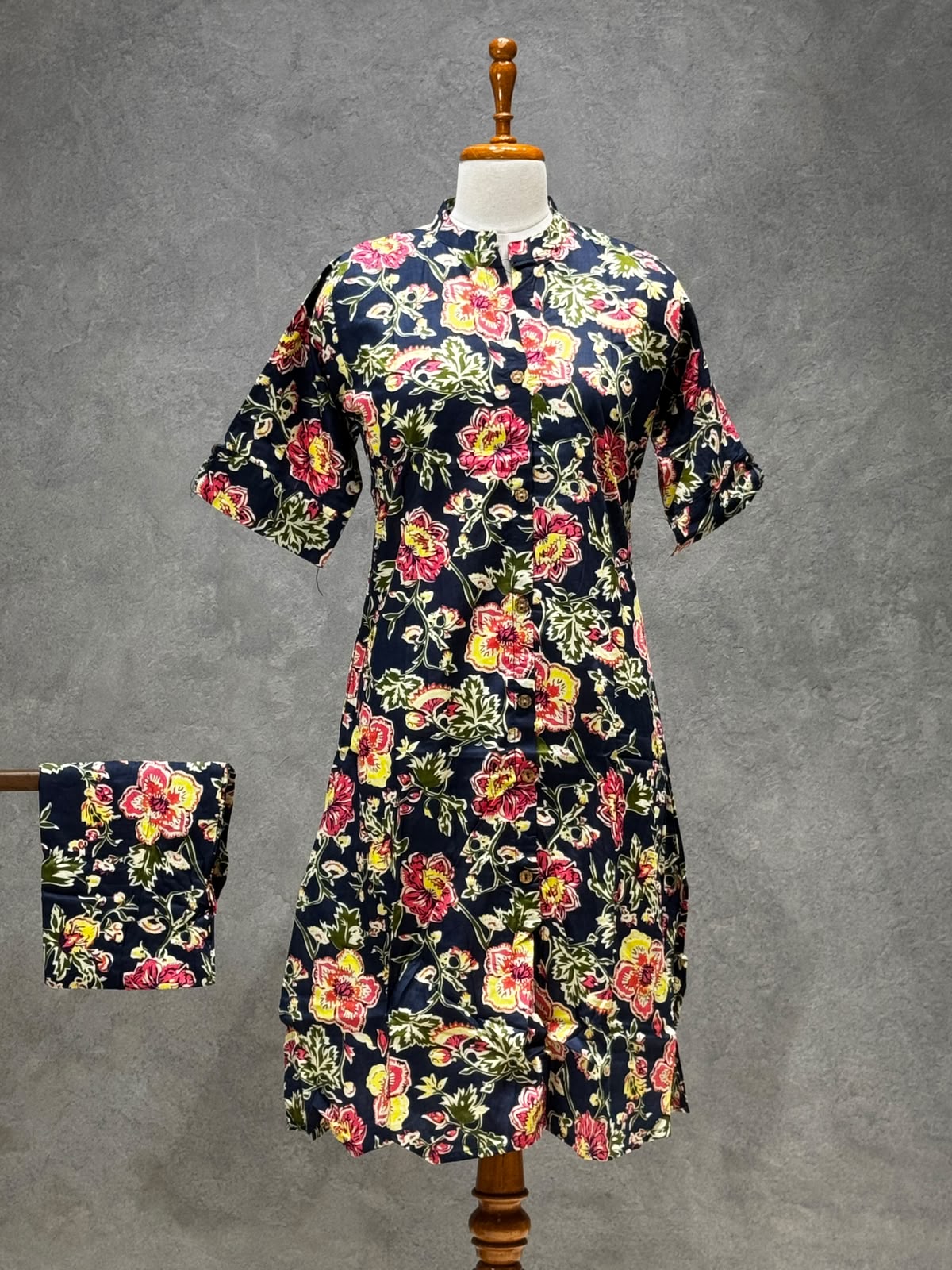 NAVY BLUE FLORAL PRINTED COTTON BLEND KURTI SET