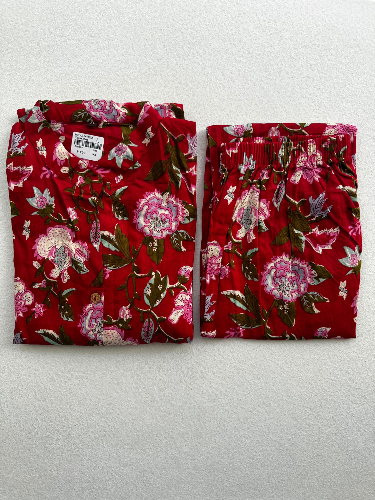 RED FLORAL PRINTED COTTON BLEND KURTI SET