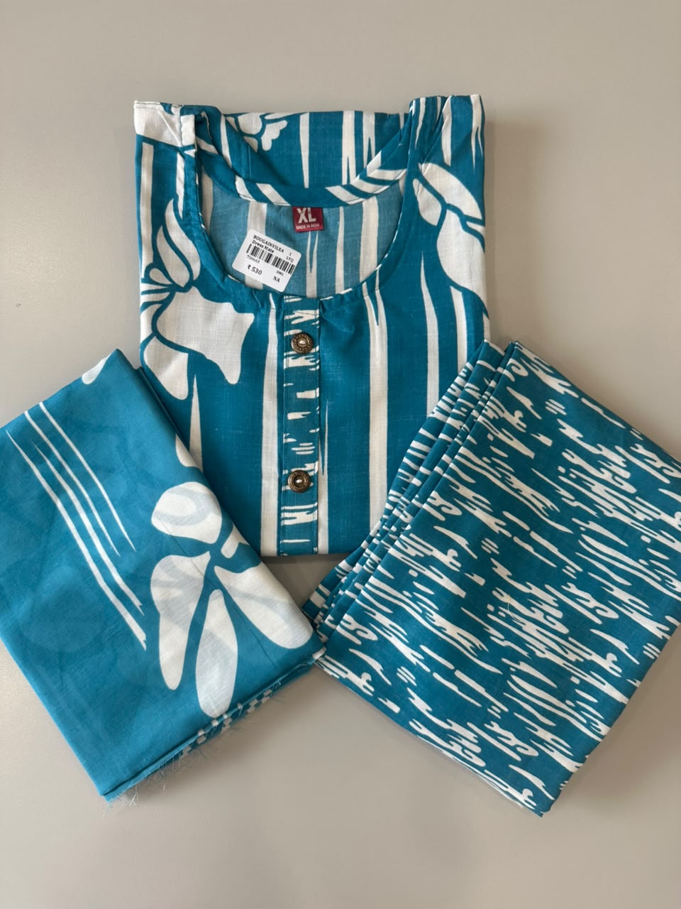 BLUE FLORAL STRIPED PRINTED COTTON-BLEND SALWAR SET