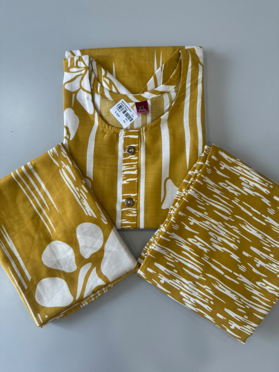 MUSTARD YELLOW FLORAL STRIPED PRINTED COTTON-BLEND SALWAR SET